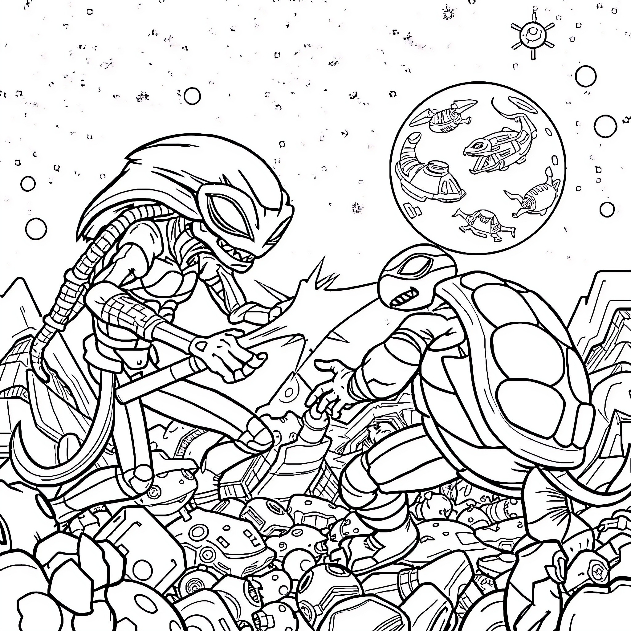 Alien creatures in cosmic battle on distant planet Coloring Page (free black-and-white line drawing printable PDF for all, from beginners to advanced learners, including children, teens, adults, and seniors)