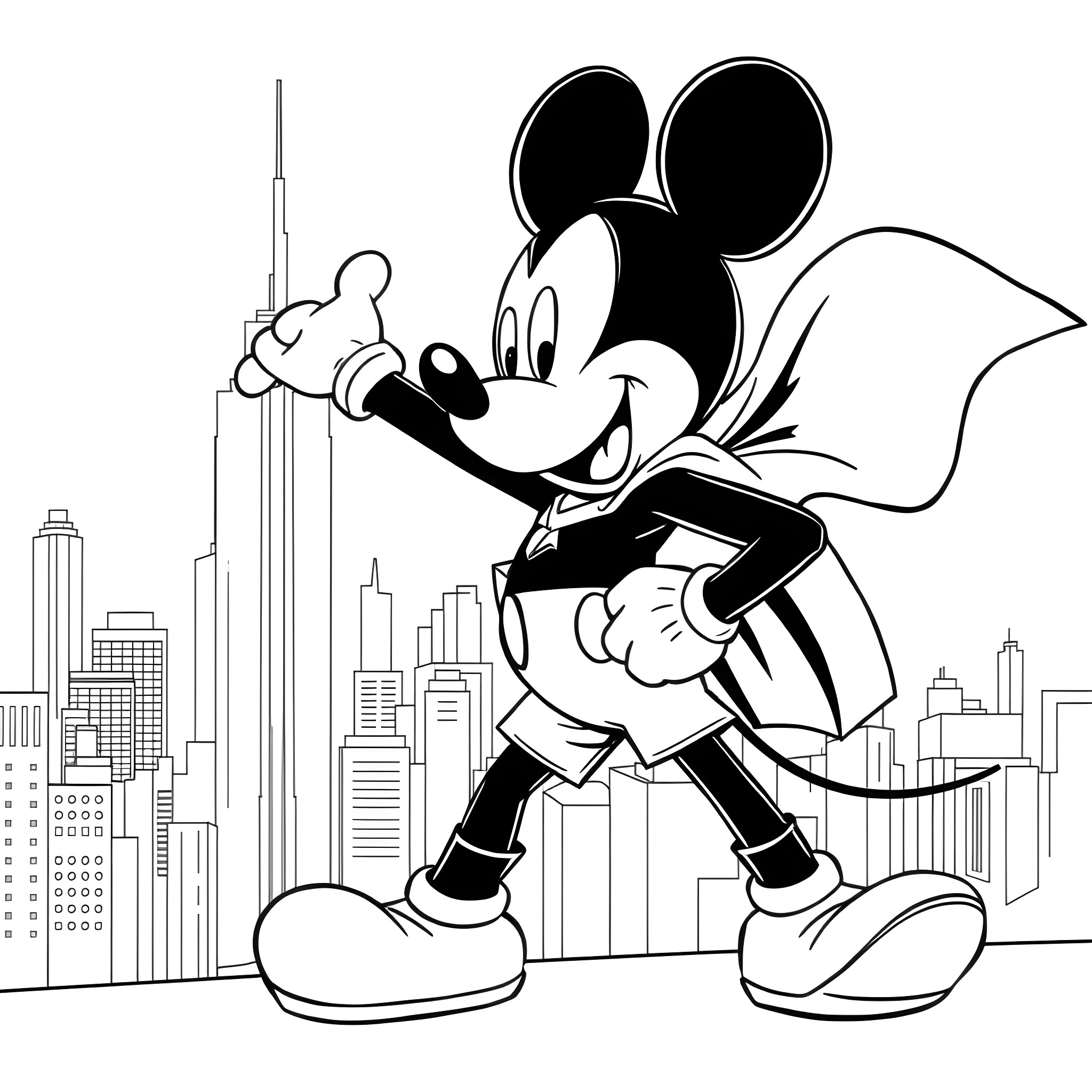 Mickey Mouse heroically saving the city Coloring Page (free black-and-white line drawing printable PDF for all, from beginners to advanced learners, including children, teens, adults, and seniors)