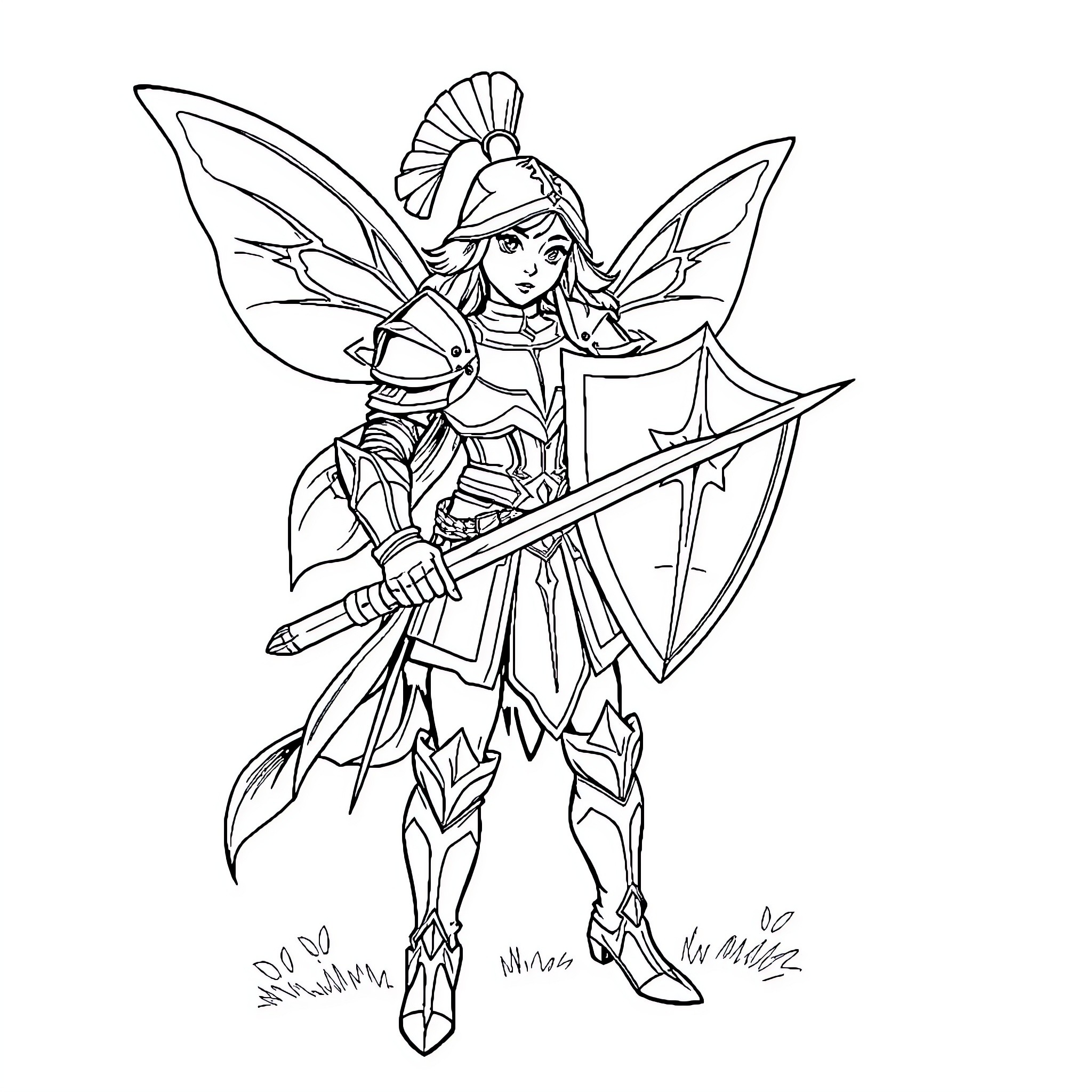 Fairy Warrior Battling with Sword and Shield Coloring Page (free black-and-white line drawing printable PDF for all, from beginners to advanced learners, including children, teens, adults, and seniors)