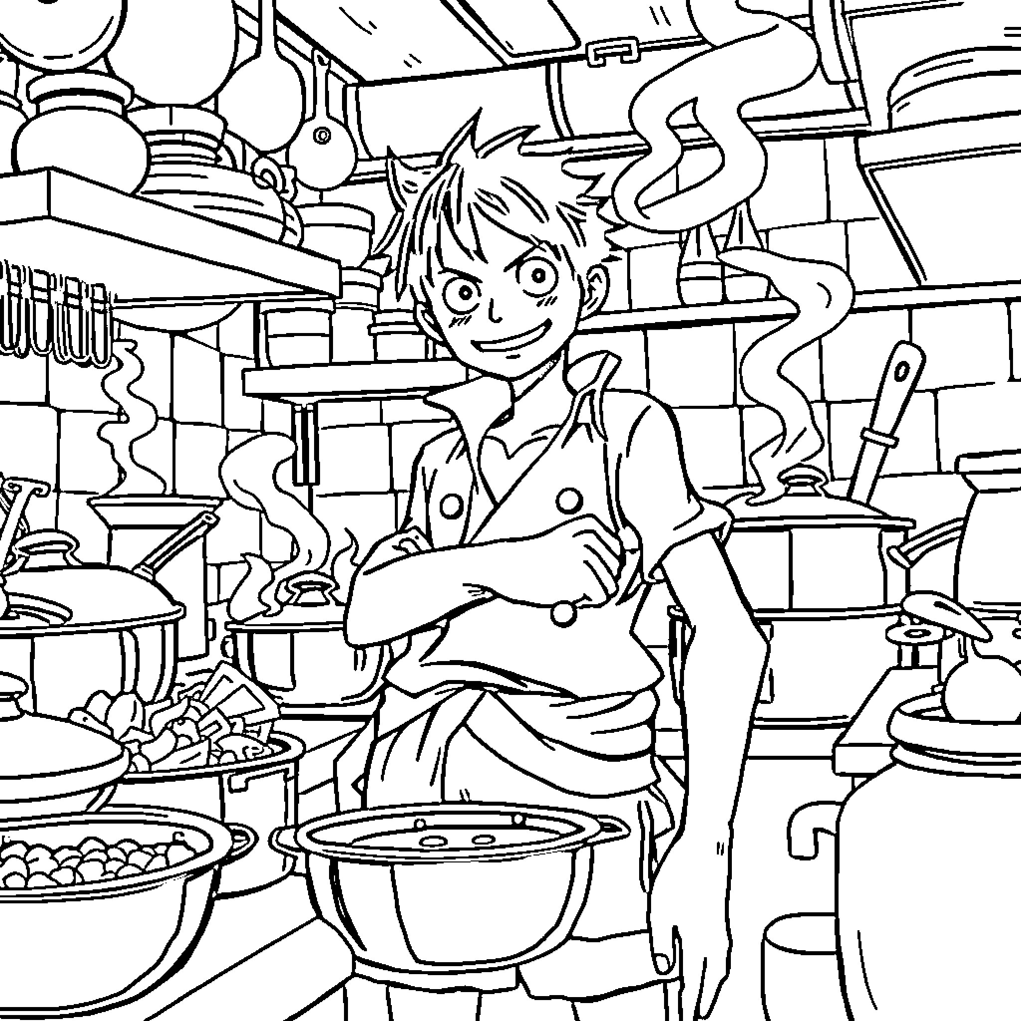Luffy smiling confidently while cooking in a kitchen Coloring Page (free black-and-white line drawing printable PDF for all, from beginners to advanced learners, including children, teens, adults, and seniors)