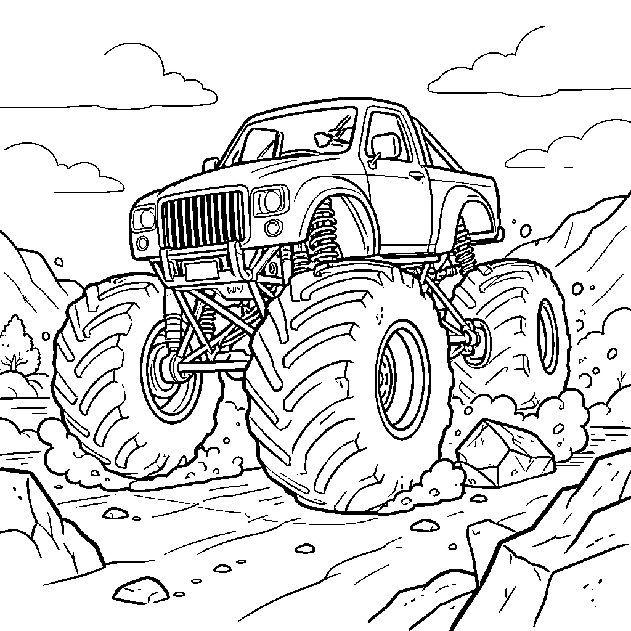 Monster Truck driving aggressively through a rocky terrain Coloring Page (free black-and-white line drawing printable PDF for all, from beginners to advanced learners, including children, teens, adults, and seniors)