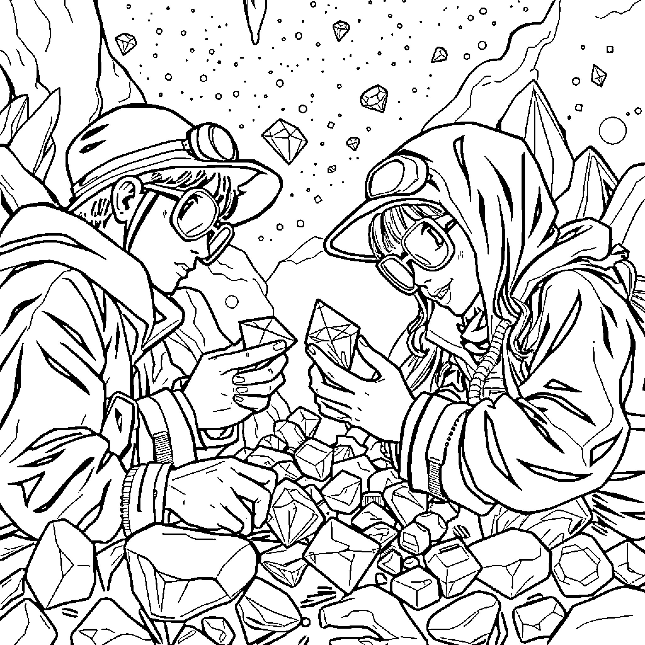 K Pop Characters Exploring a Crystalline Landscape Coloring Page (free black-and-white line drawing printable PDF for all, from beginners to advanced learners, including children, teens, adults, and seniors)