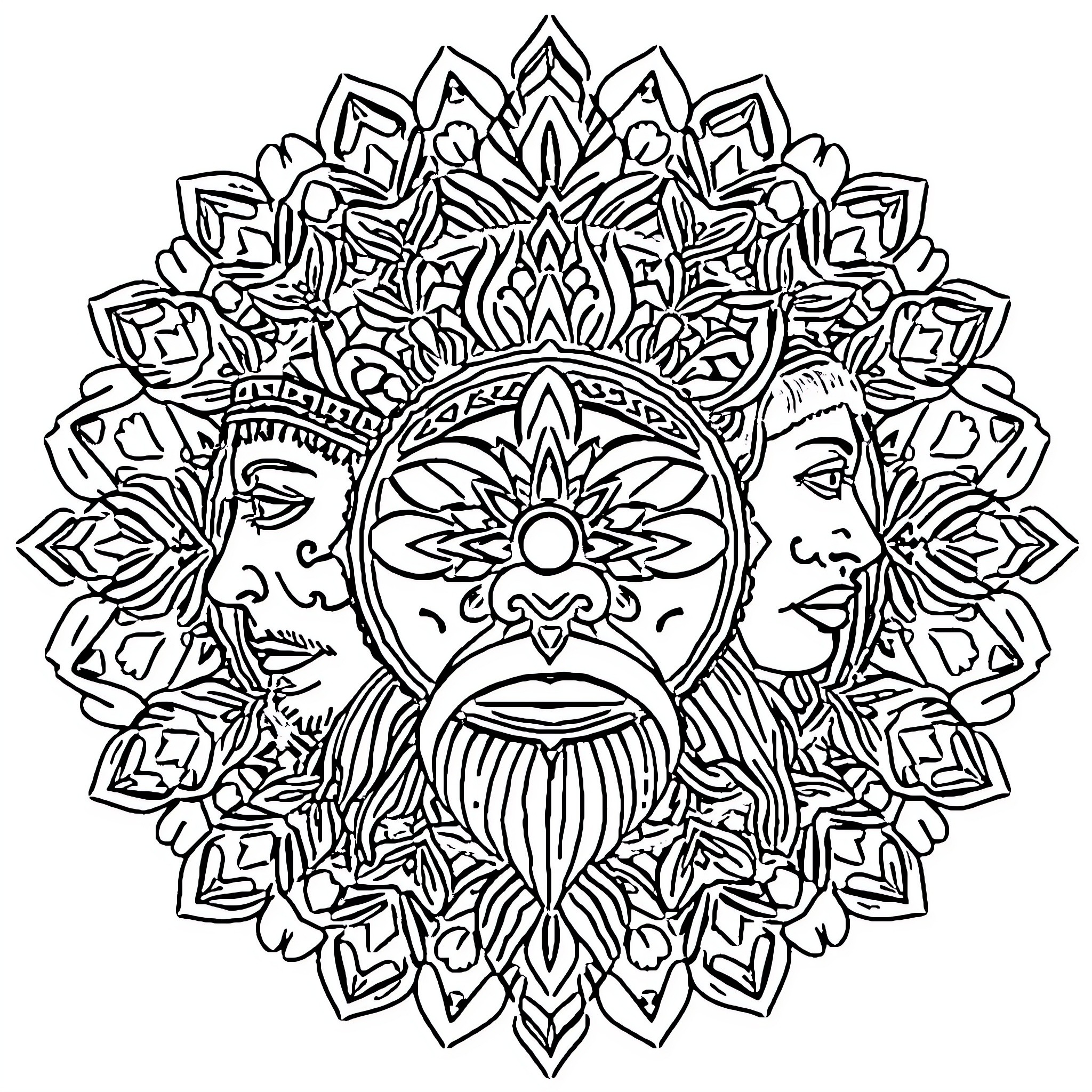 Mandala with abstract faces and intricate patterns Coloring Page (free black-and-white line drawing printable PDF for all, from beginners to advanced learners, including children, teens, adults, and seniors)
