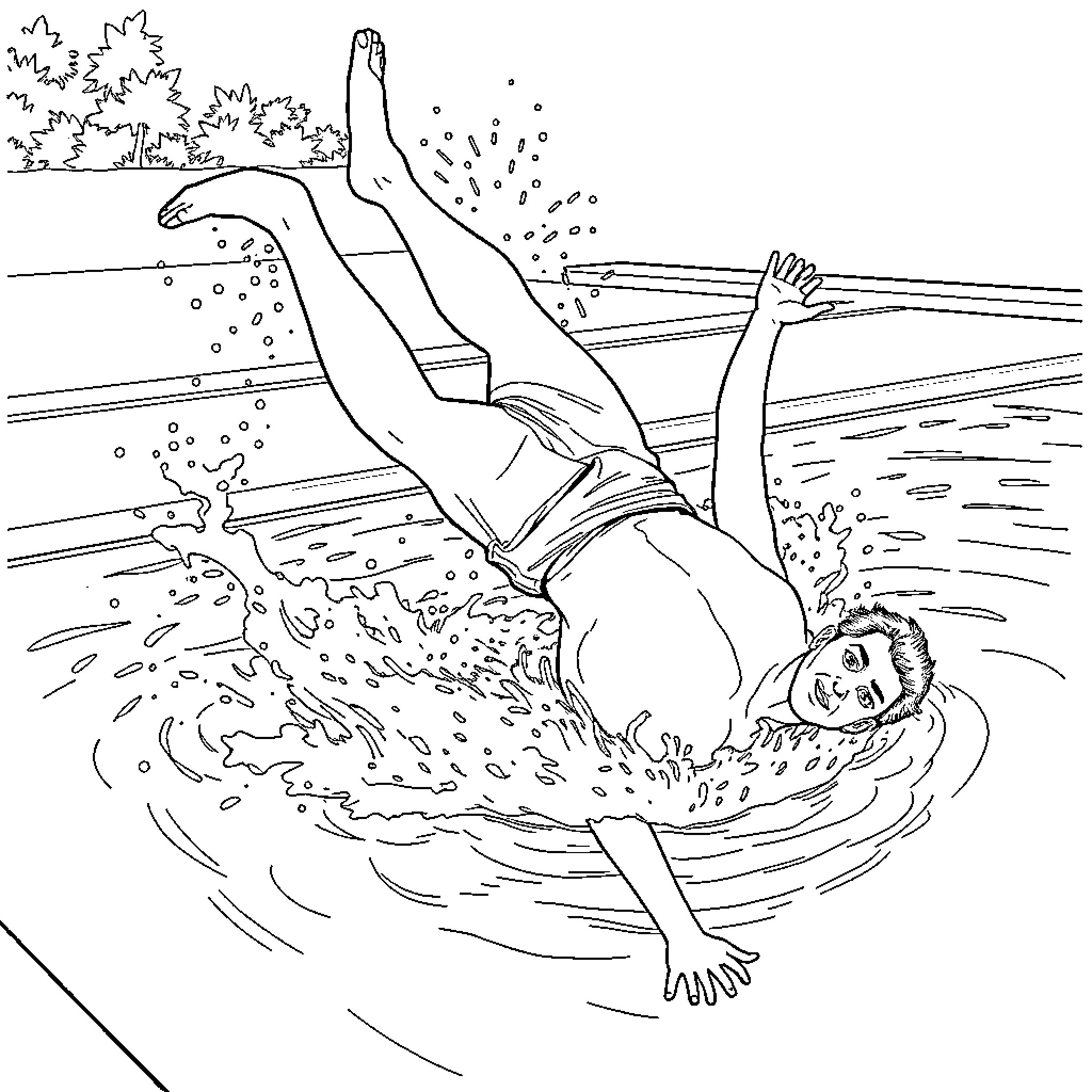 Man swimming in the water with a splash Coloring Page (free black-and-white line drawing printable PDF for all, from beginners to advanced learners, including children, teens, adults, and seniors)