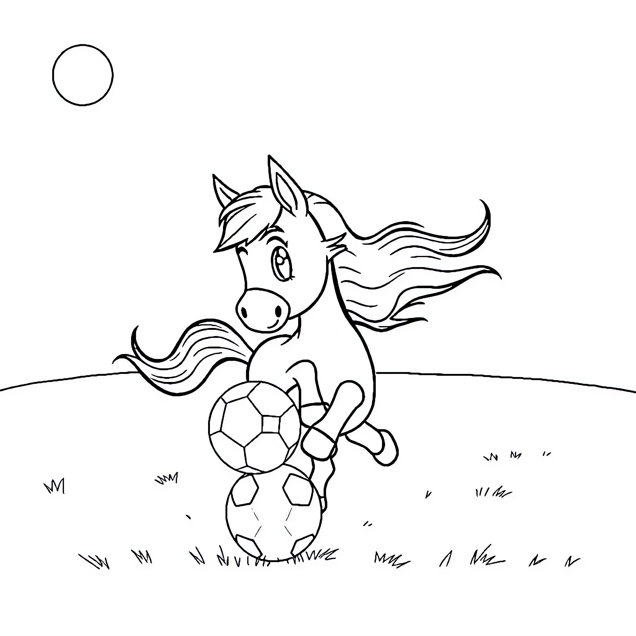 Pony playing cheerfully with ball in field Coloring Page (free black-and-white line drawing printable PDF for all, from beginners to advanced learners, including children, teens, adults, and seniors)