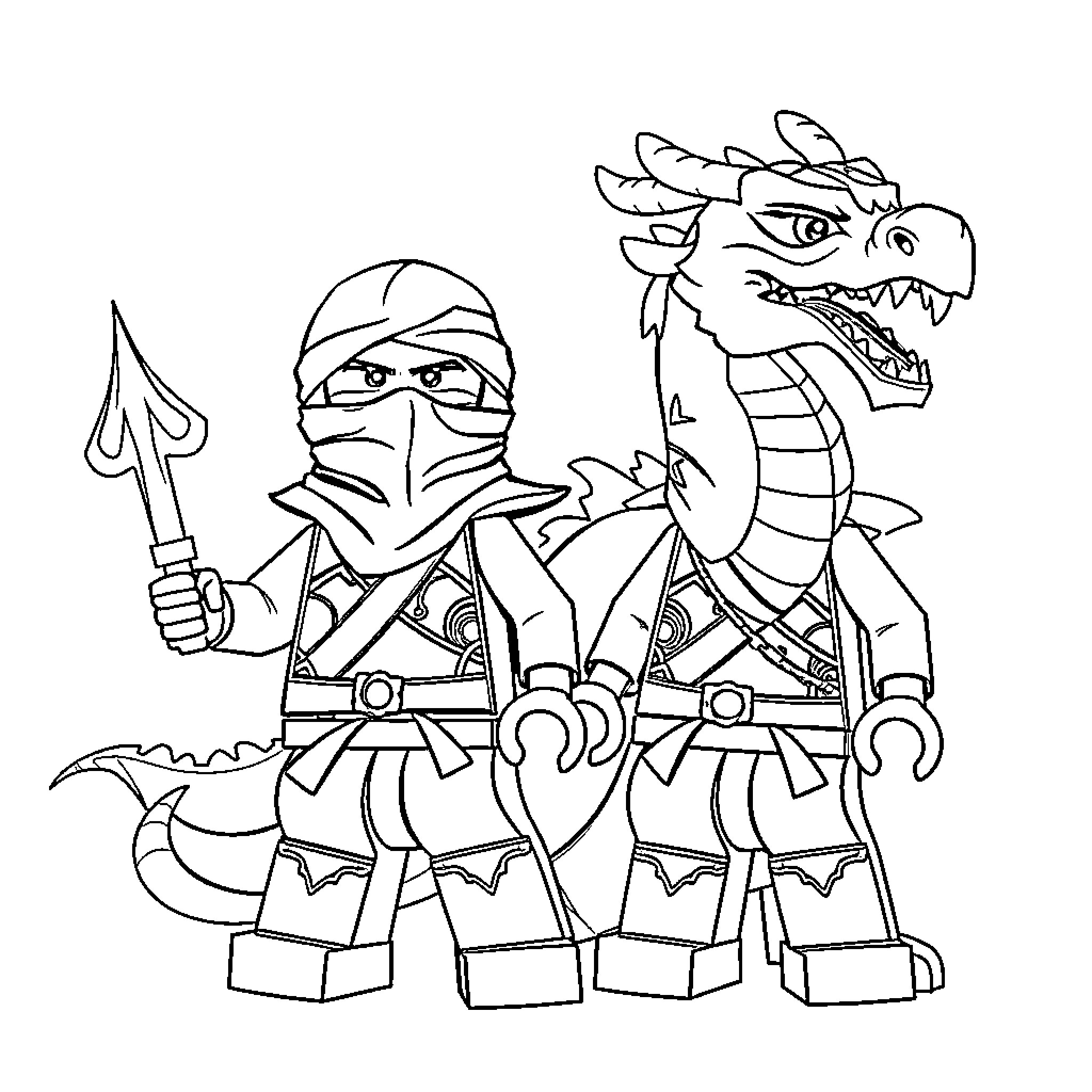 Ninjago warriors in fierce battle with dragon Coloring Page (free black-and-white line drawing printable PDF for all, from beginners to advanced learners, including children, teens, adults, and seniors)