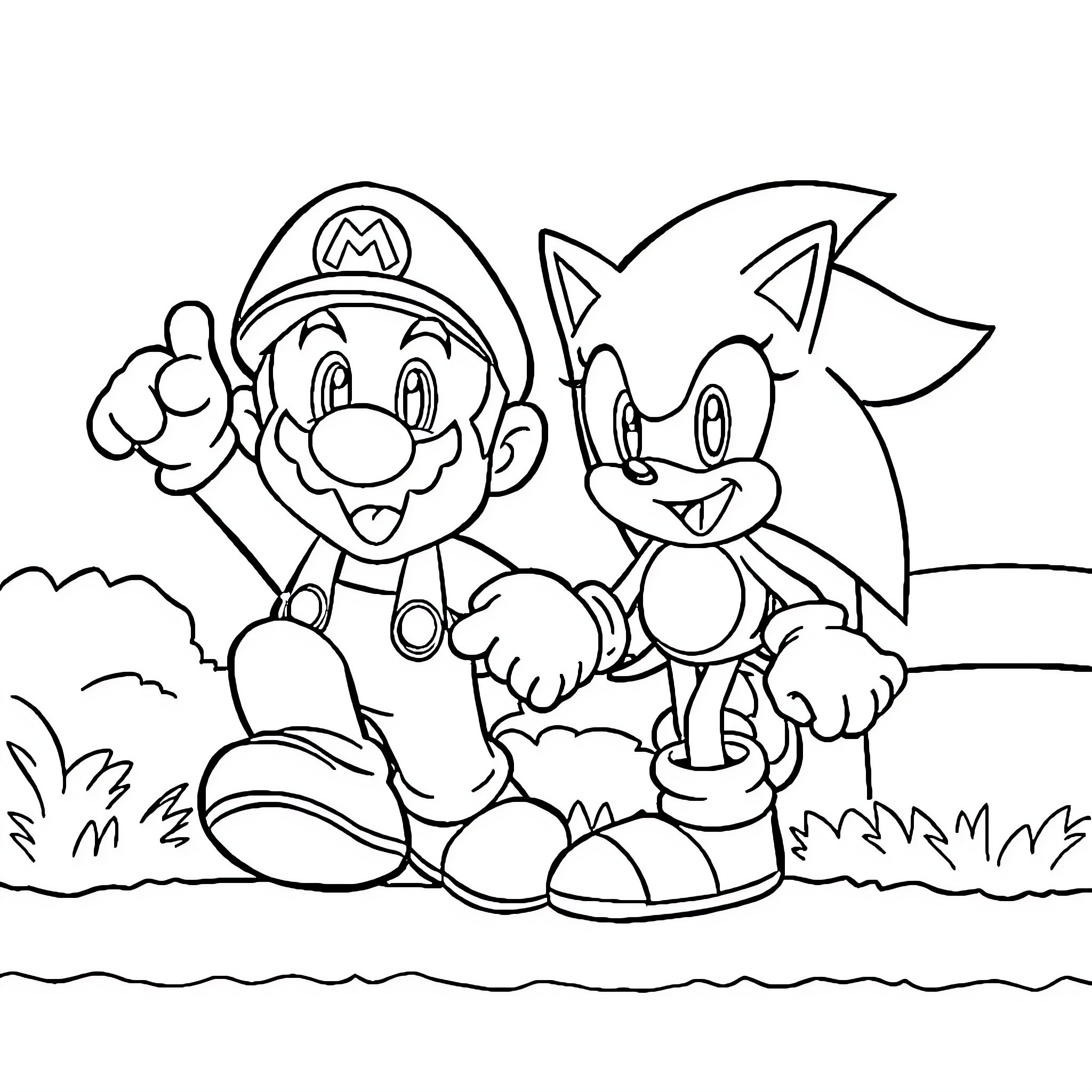 Mario and Sonic in a Playful Outdoor Scene Coloring Page (free black-and-white line drawing printable PDF for all, from beginners to advanced learners, including children, teens, adults, and seniors)