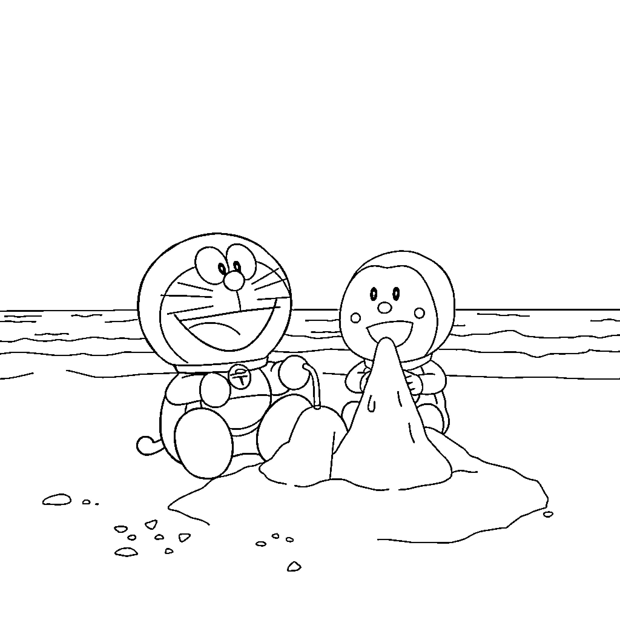 Doraemon and friends playing on the beach Coloring Page (free black-and-white line drawing printable PDF for all, from beginners to advanced learners, including children, teens, adults, and seniors)