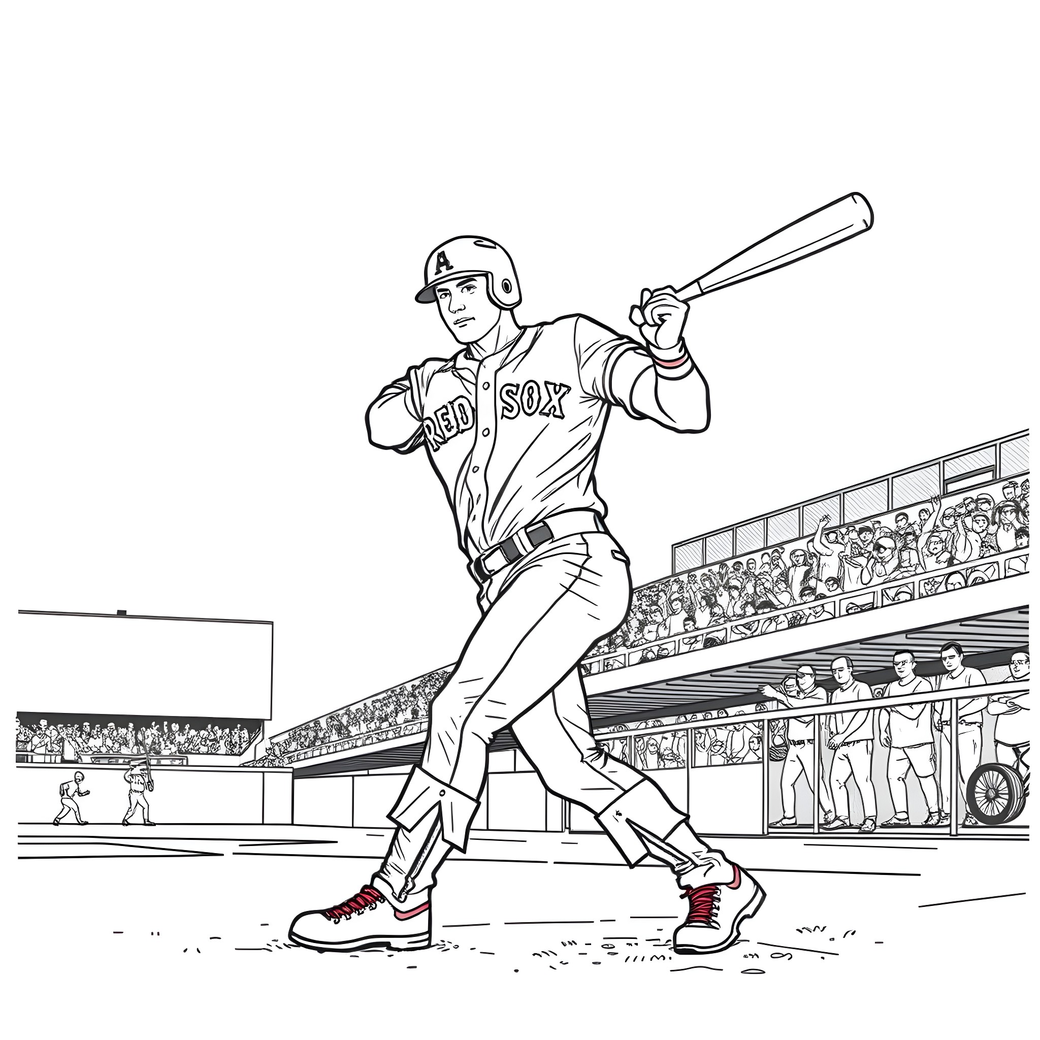 Captain America Playing Baseball in Stadium Coloring Page (free black-and-white line drawing printable PDF for all, from beginners to advanced learners, including children, teens, adults, and seniors)