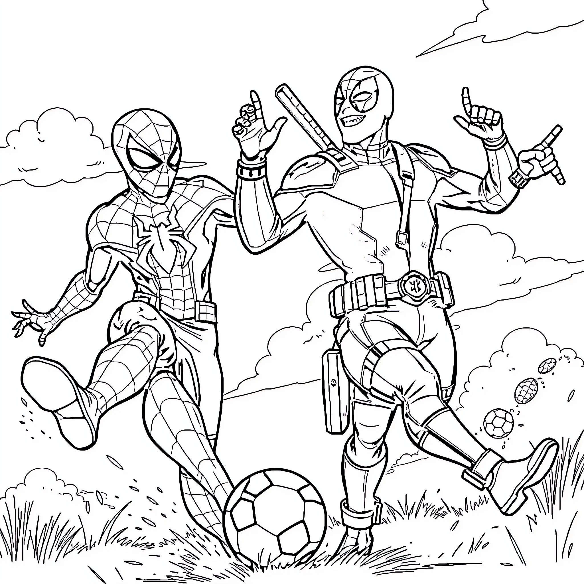 Spiderman and Deadpool playing soccer in the park Coloring Page (free black-and-white line drawing printable PDF for all, from beginners to advanced learners, including children, teens, adults, and seniors)
