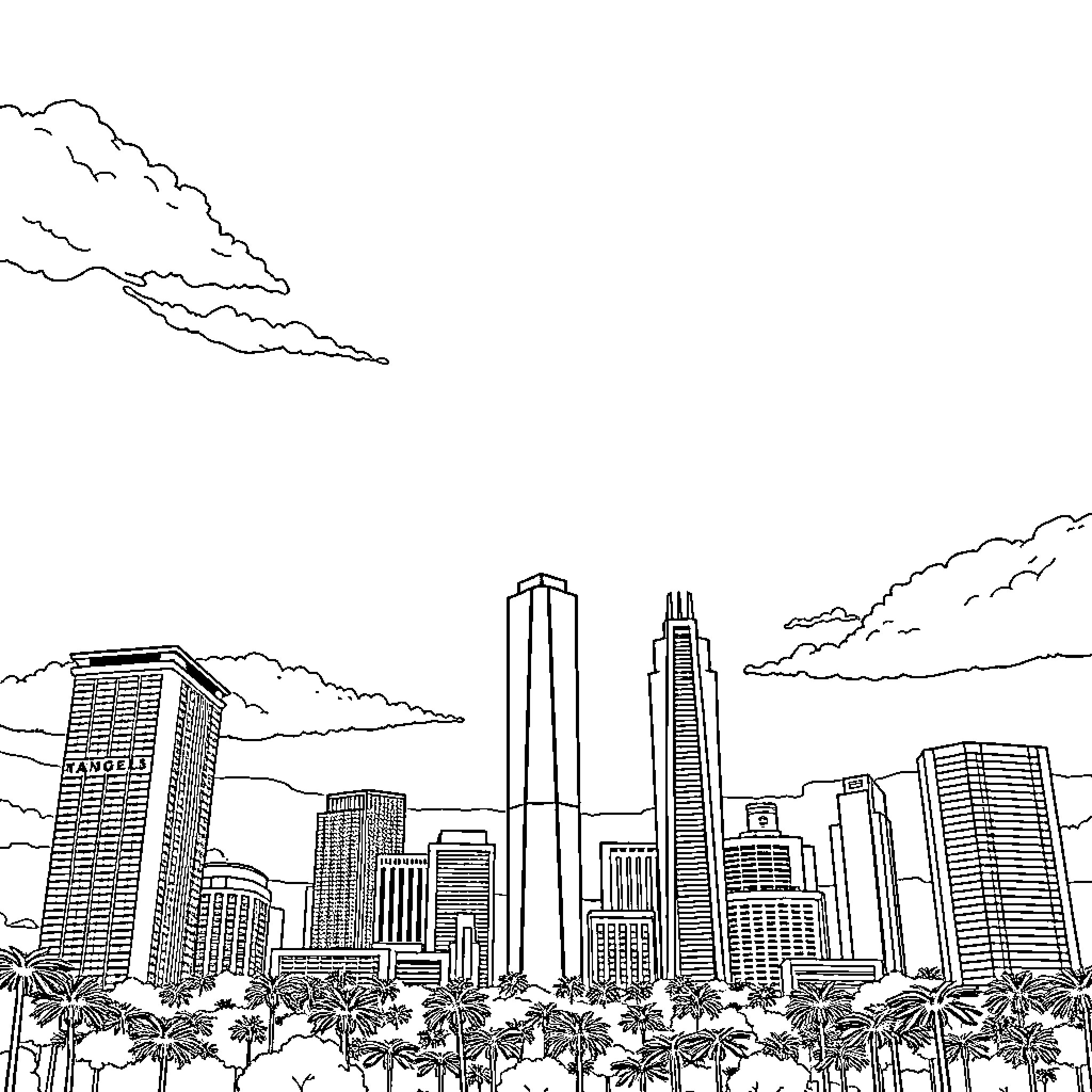 Los Angeles skyline silhouette with palm trees Coloring Page (free black-and-white line drawing printable PDF for all, from beginners to advanced learners, including children, teens, adults, and seniors)