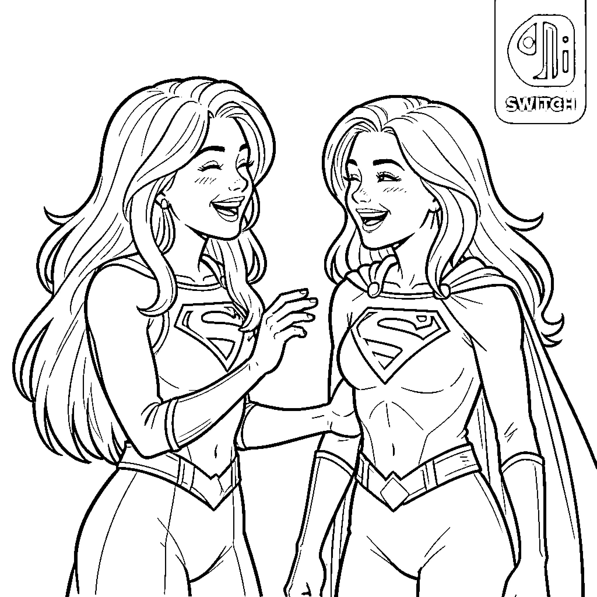 Supergirl laughing and talking with a friend Coloring Page (free black-and-white line drawing printable PDF for all, from beginners to advanced learners, including children, teens, adults, and seniors)