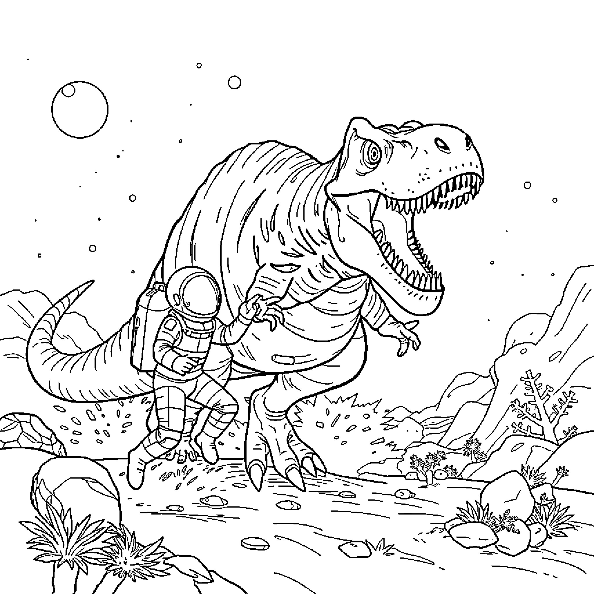 Dinosaur in Prehistoric Landscape with Astronaut Coloring Page (free black-and-white line drawing printable PDF for all, from beginners to advanced learners, including children, teens, adults, and seniors)