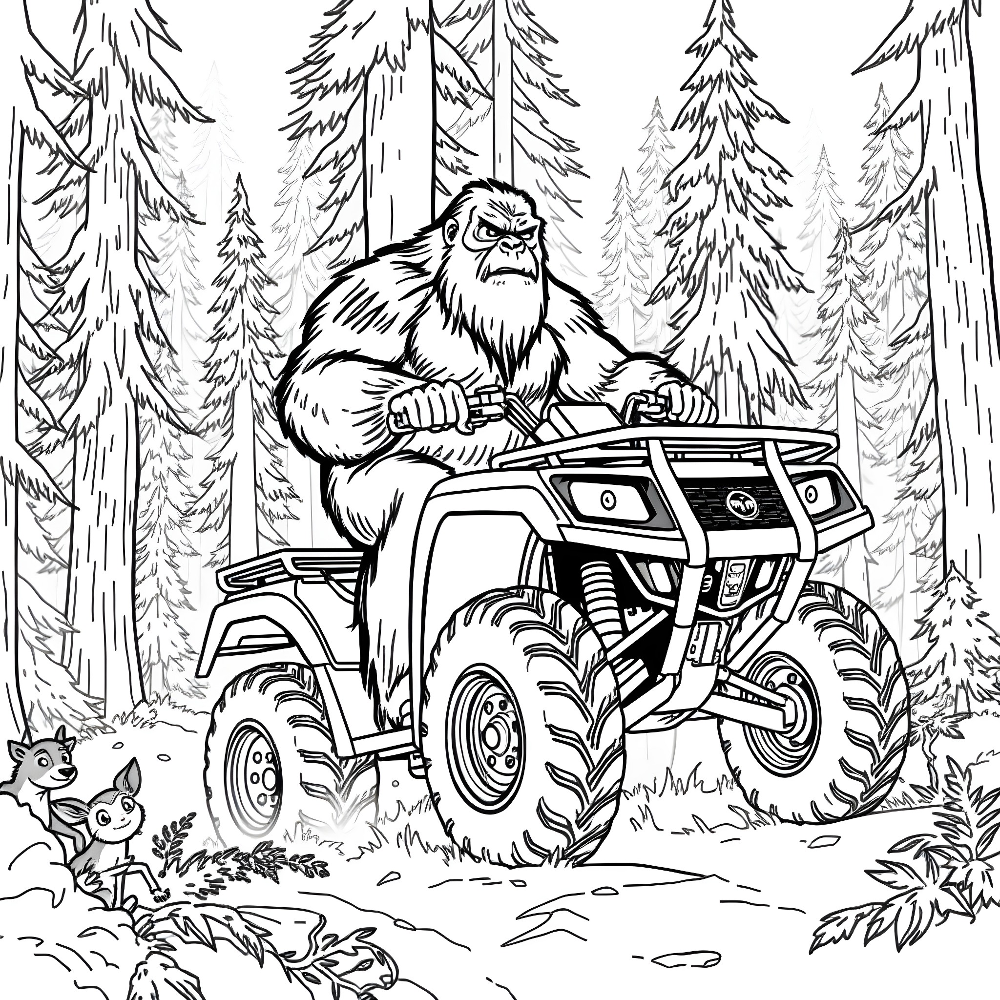 Bigfoot riding a powerful ATV through the forest Coloring Page (free black-and-white line drawing printable PDF for all, from beginners to advanced learners, including children, teens, adults, and seniors)