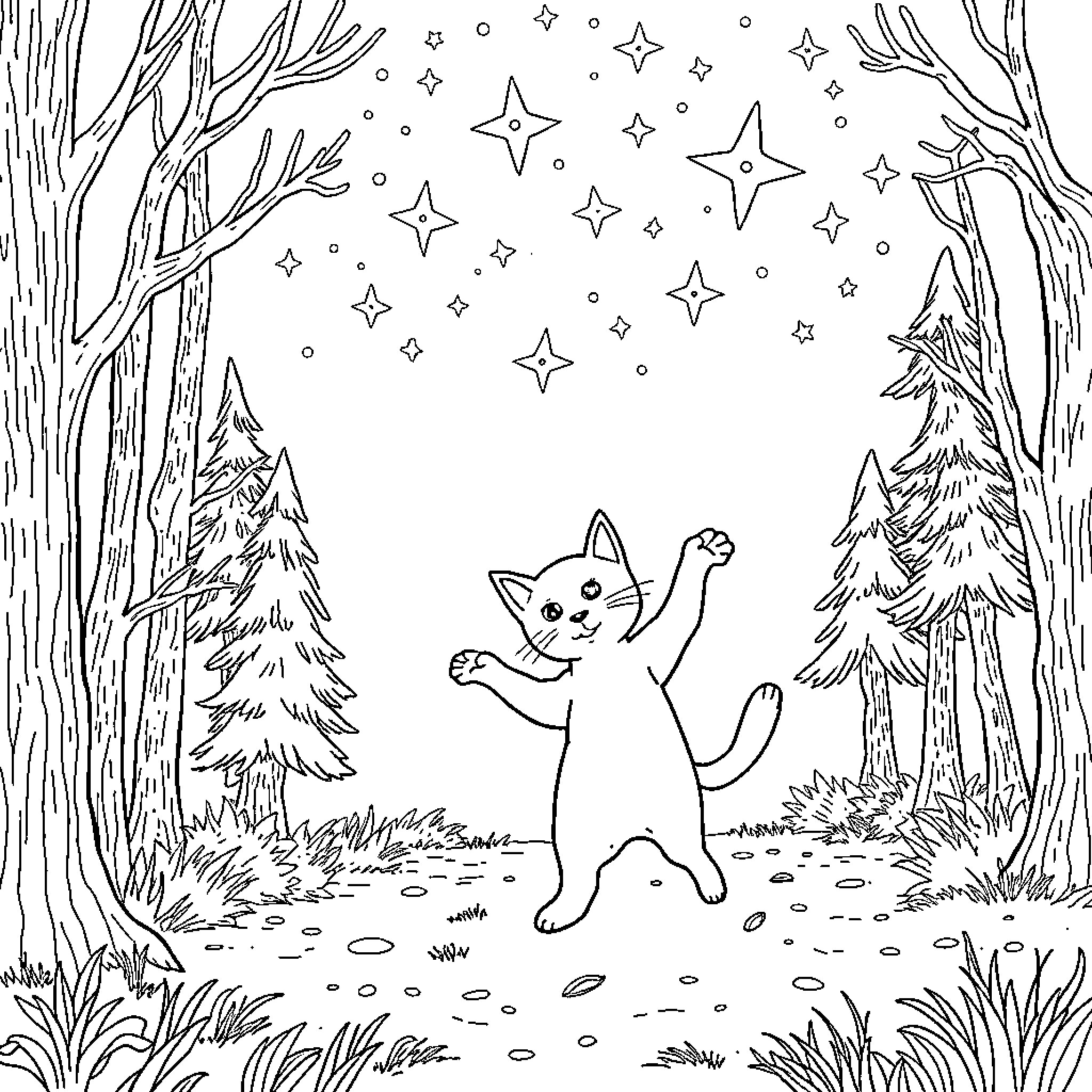 Cat playing in the starry forest Coloring Page (free black-and-white line drawing printable PDF for all, from beginners to advanced learners, including children, teens, adults, and seniors)