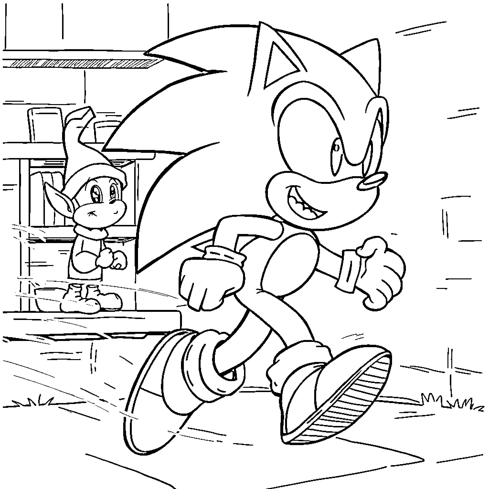 Sonic running through a scene Coloring Page (free black-and-white line drawing printable PDF for all, from beginners to advanced learners, including children, teens, adults, and seniors)