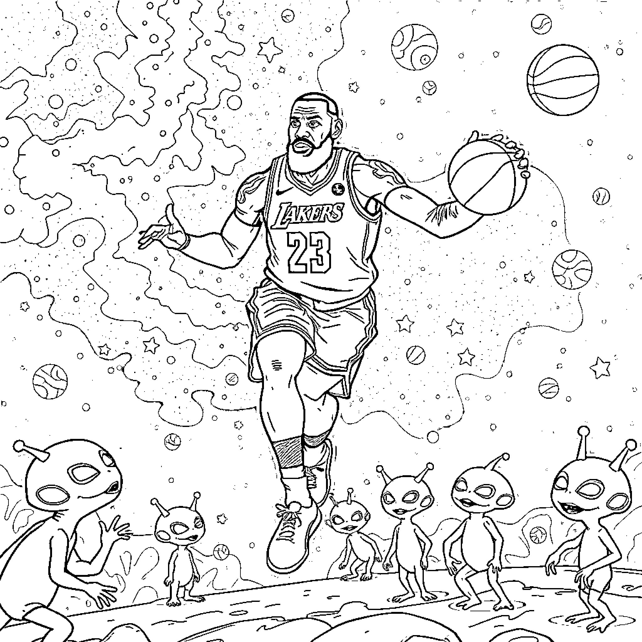 LeBron James playing basketball with aliens in space Coloring Page (free black-and-white line drawing printable PDF for all, from beginners to advanced learners, including children, teens, adults, and seniors)
