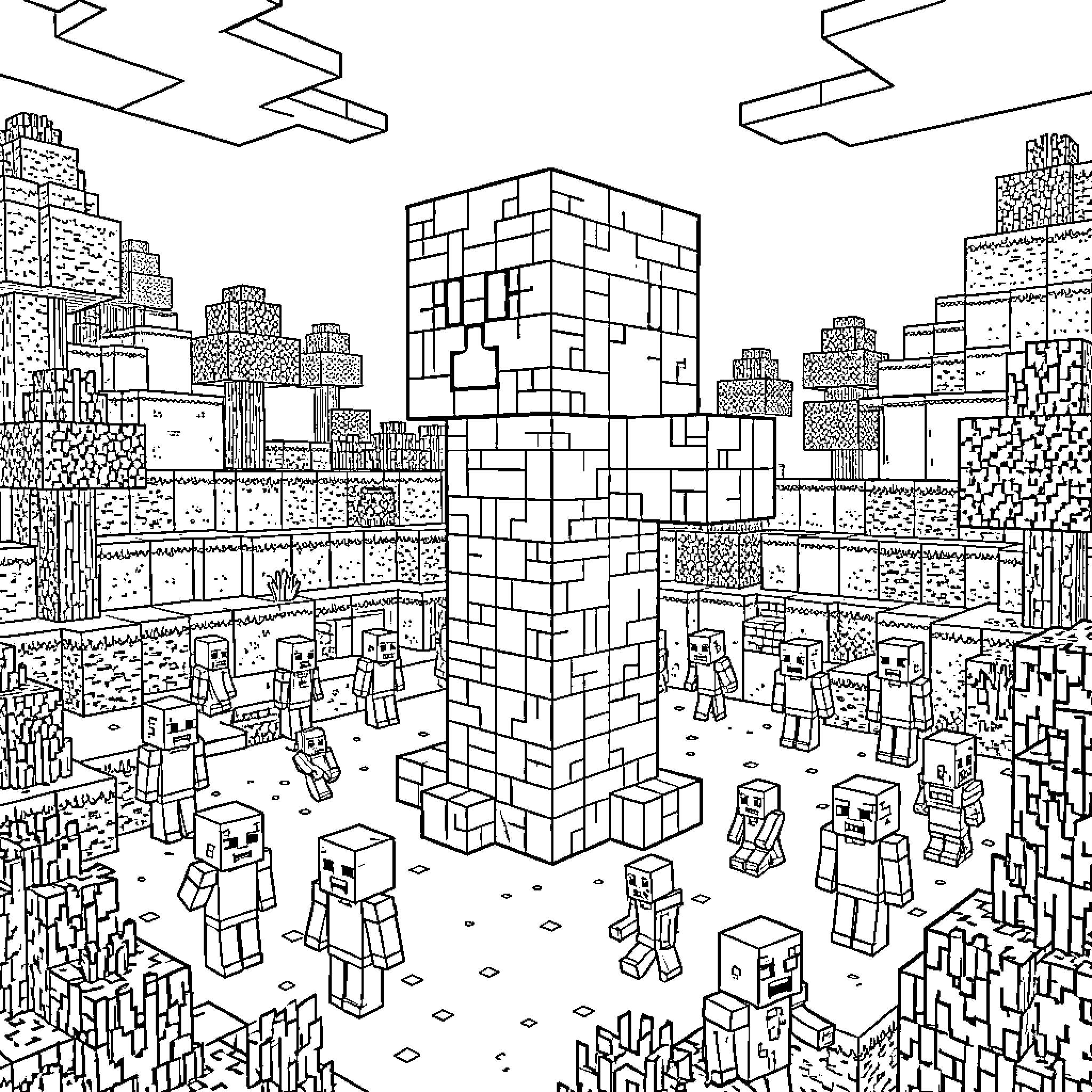 Creeper figures in a blocky, pixelated cityscape Coloring Page (free black-and-white line drawing printable PDF for all, from beginners to advanced learners, including children, teens, adults, and seniors)