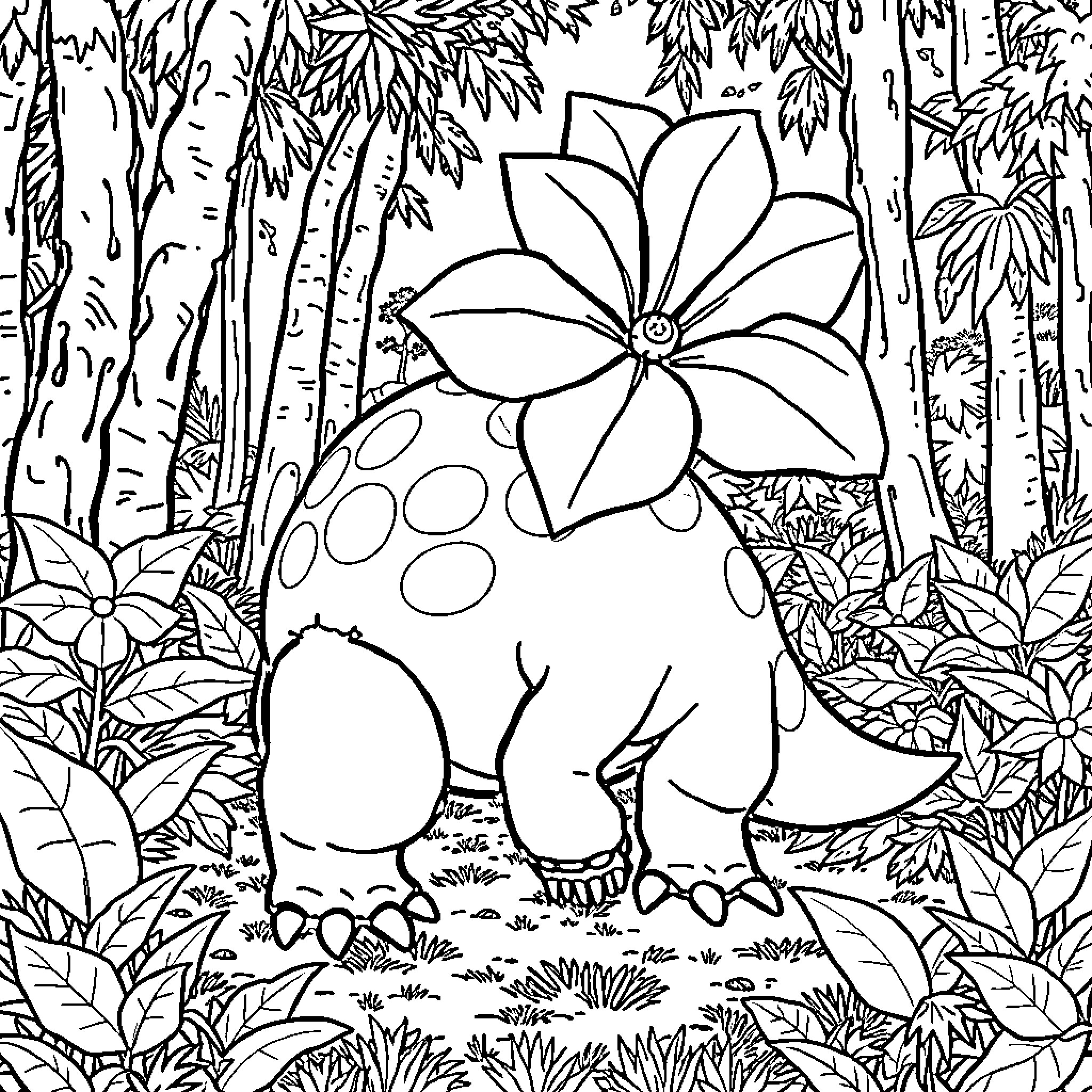 Venusaur exploring the lush forest Coloring Page (free black-and-white line drawing printable PDF for all, from beginners to advanced learners, including children, teens, adults, and seniors)