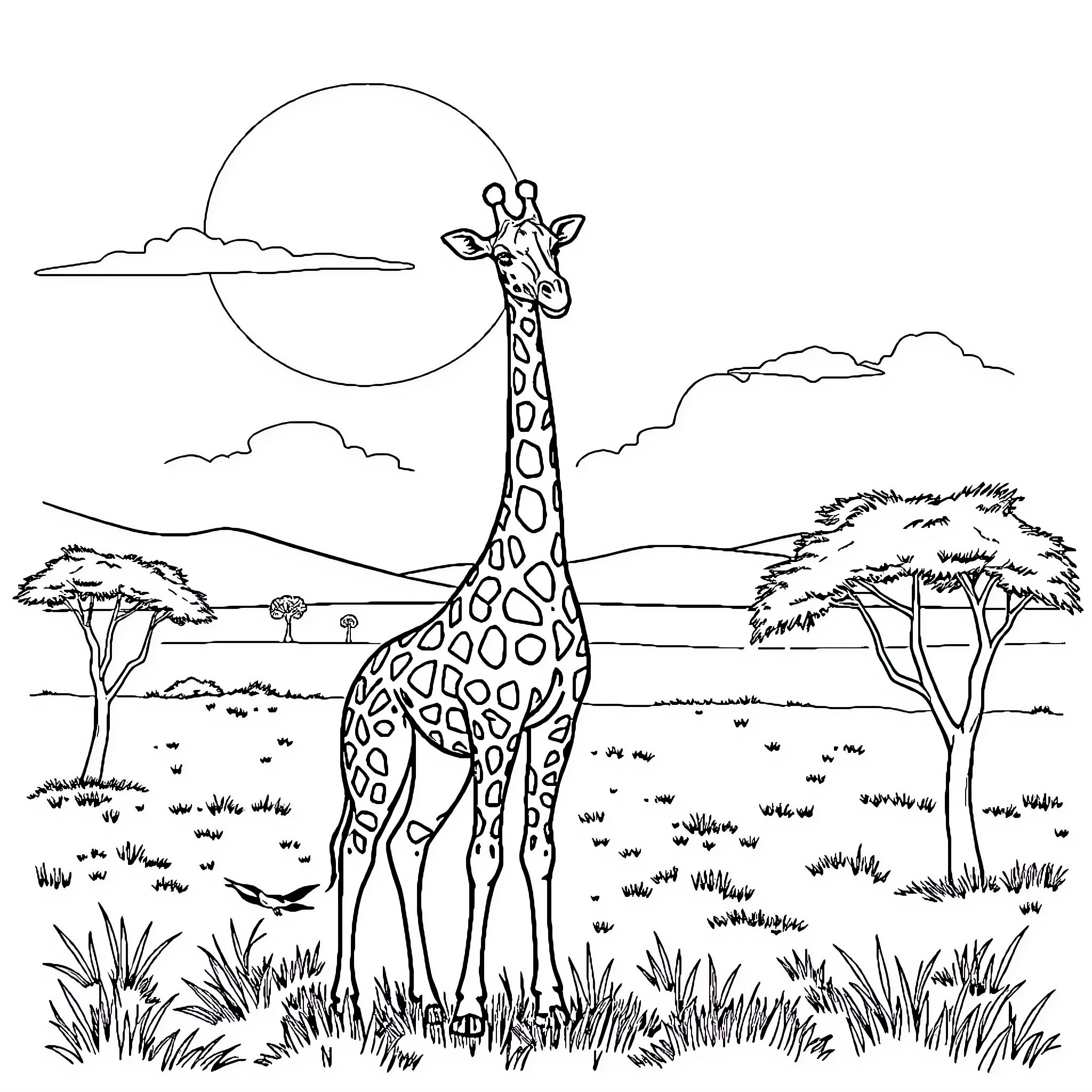 Giraffe standing tall in the African savanna Coloring Page (free black-and-white line drawing printable PDF for all, from beginners to advanced learners, including children, teens, adults, and seniors)