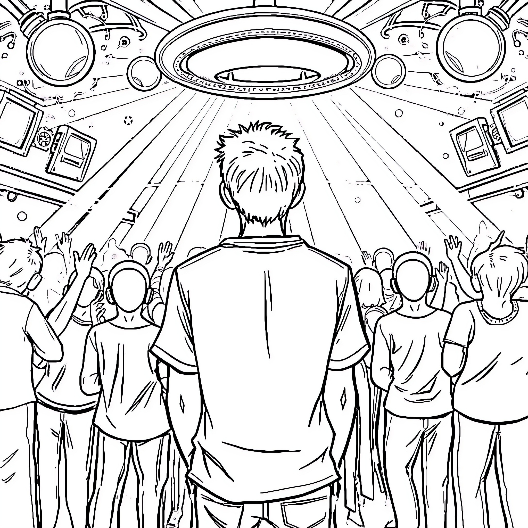 Guy facing a crowd of adoring fans Coloring Page (free black-and-white line drawing printable PDF for all, from beginners to advanced learners, including children, teens, adults, and seniors)