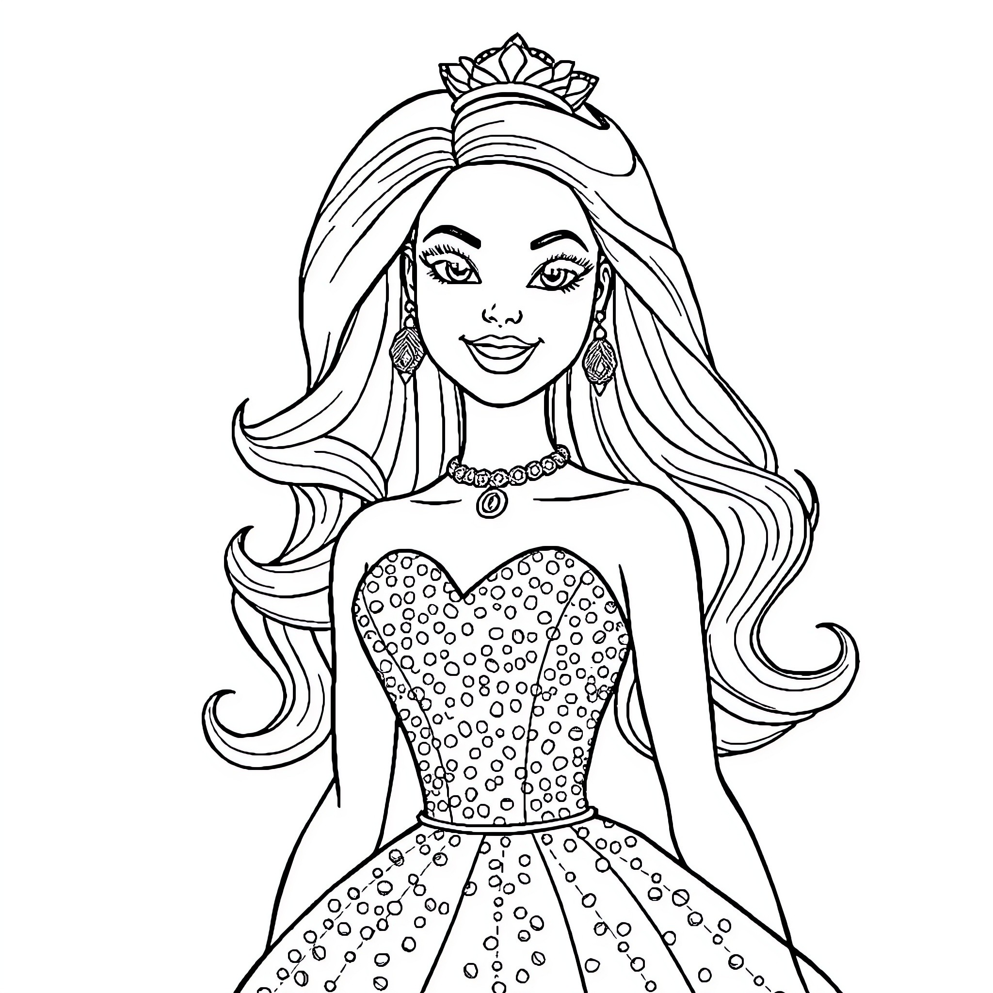 Barbie dressed in a sparkling gown with flowing hair Coloring Page (free black-and-white line drawing printable PDF for all, from beginners to advanced learners, including children, teens, adults, and seniors)