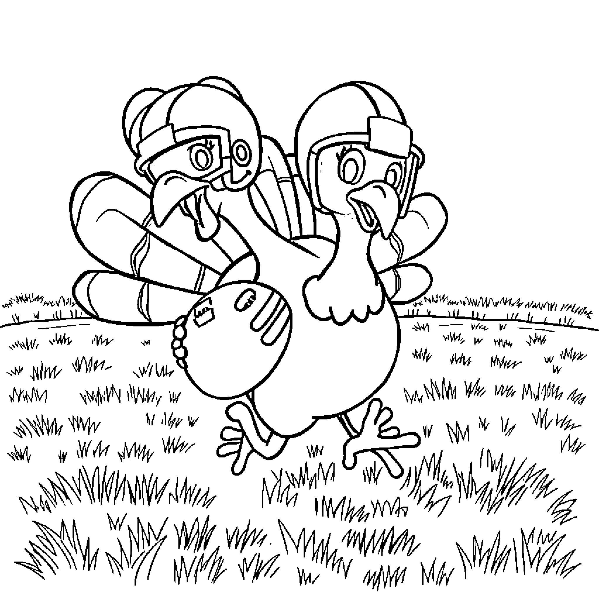 Turkey friends playing in the grass Coloring Page (free black-and-white line drawing printable PDF for all, from beginners to advanced learners, including children, teens, adults, and seniors)