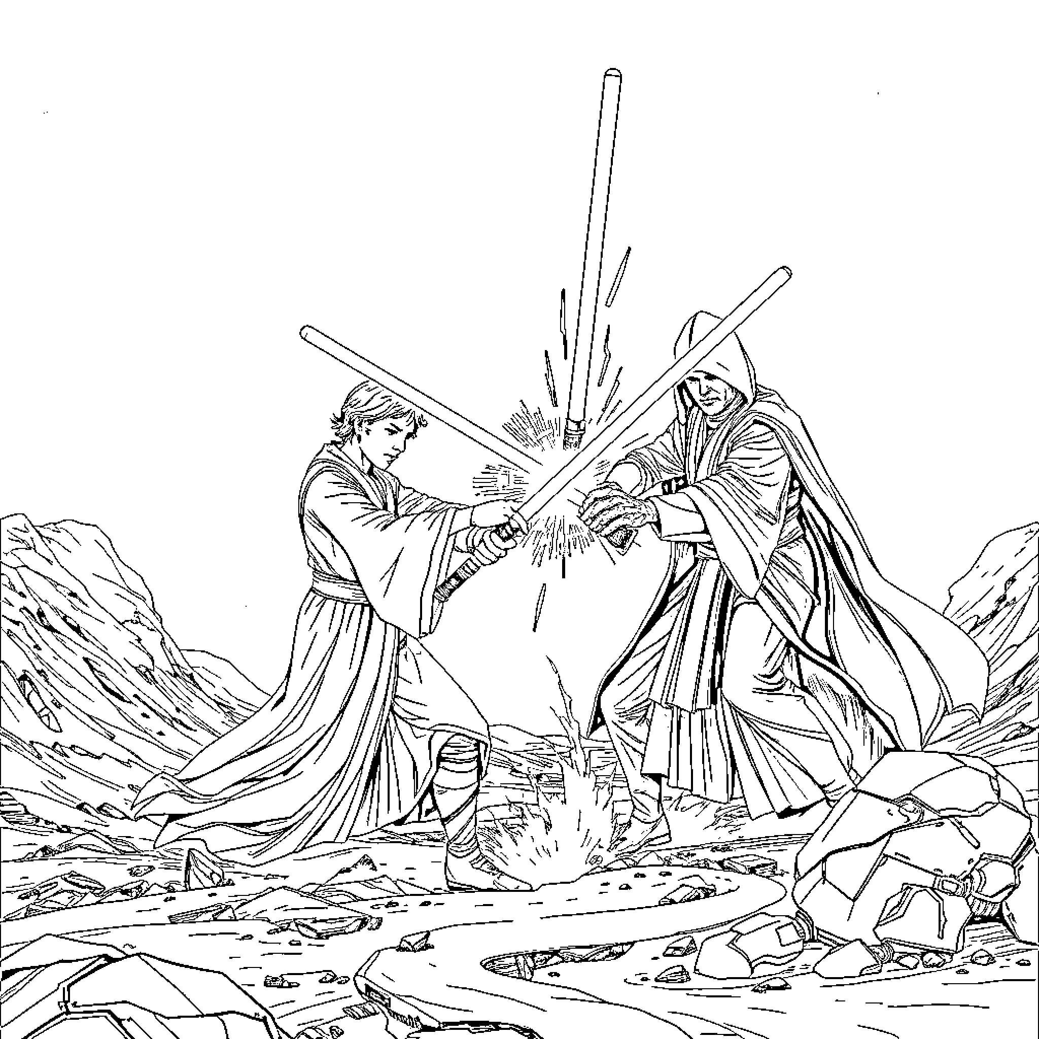Obi-Wan engaging in intense lightsaber duel Coloring Page (free black-and-white line drawing printable PDF for all, from beginners to advanced learners, including children, teens, adults, and seniors)