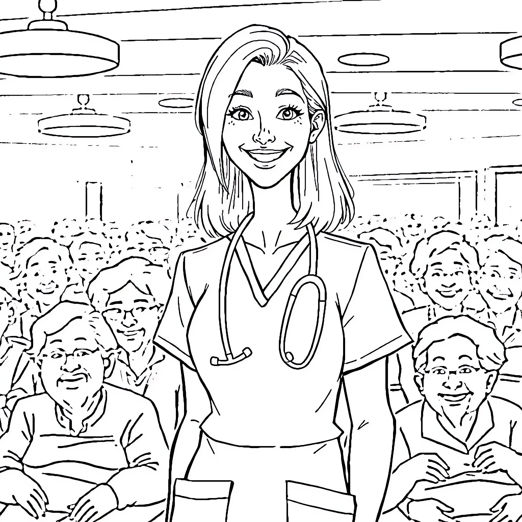 Nurse Caring for Patients in a Medical Facility Coloring Page (free black-and-white line drawing printable PDF for all, from beginners to advanced learners, including children, teens, adults, and seniors)