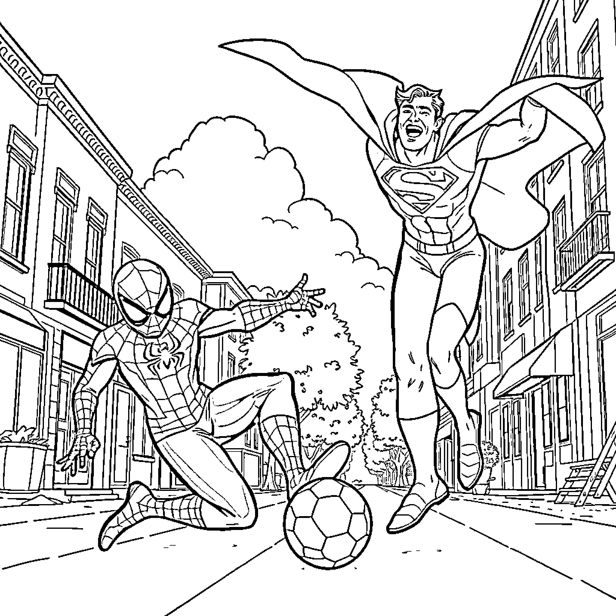 Spiderman and Superman playing soccer in the city Coloring Page (free black-and-white line drawing printable PDF for all, from beginners to advanced learners, including children, teens, adults, and seniors)