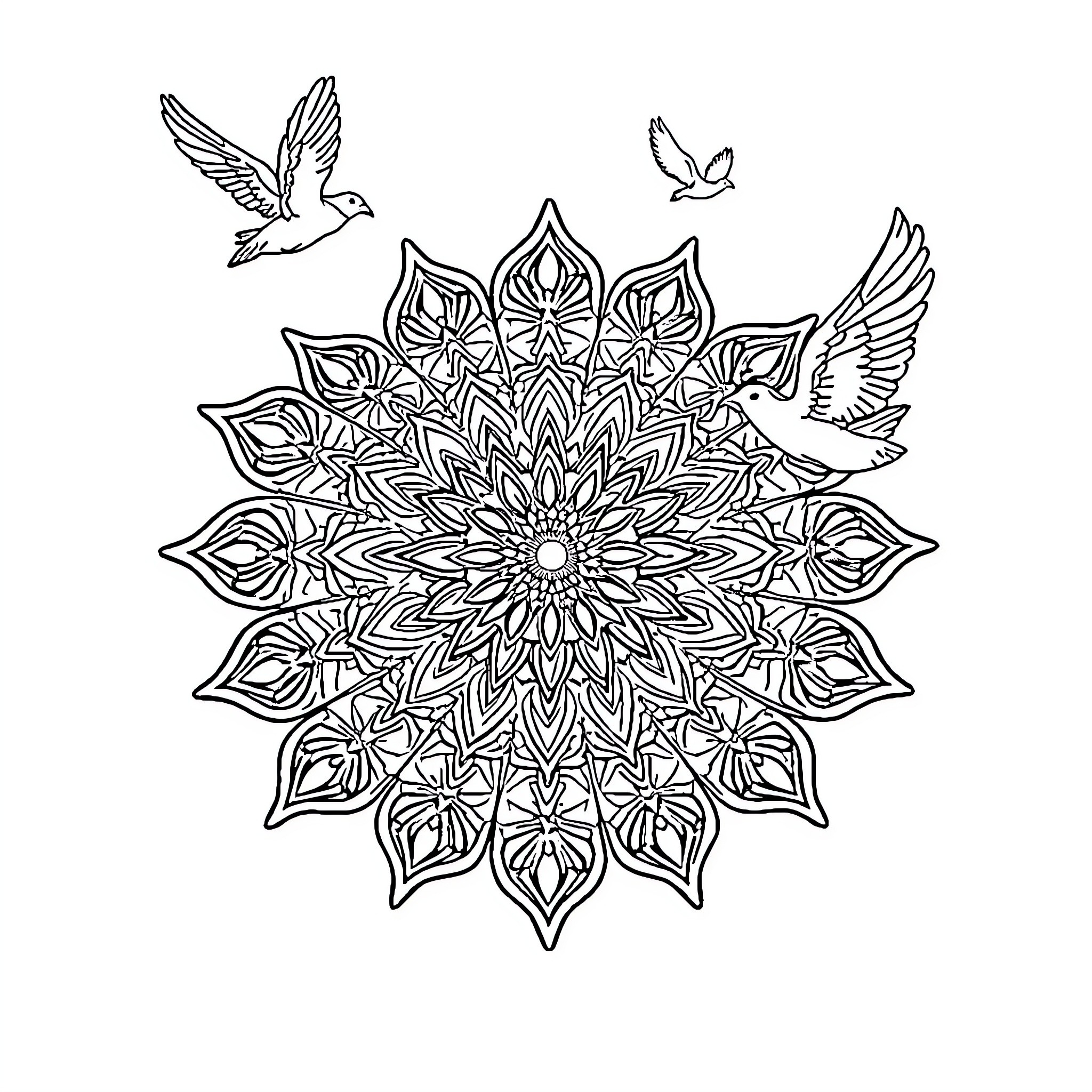 Mandala with flying birds and floral patterns Coloring Page (free black-and-white line drawing printable PDF for all, from beginners to advanced learners, including children, teens, adults, and seniors)