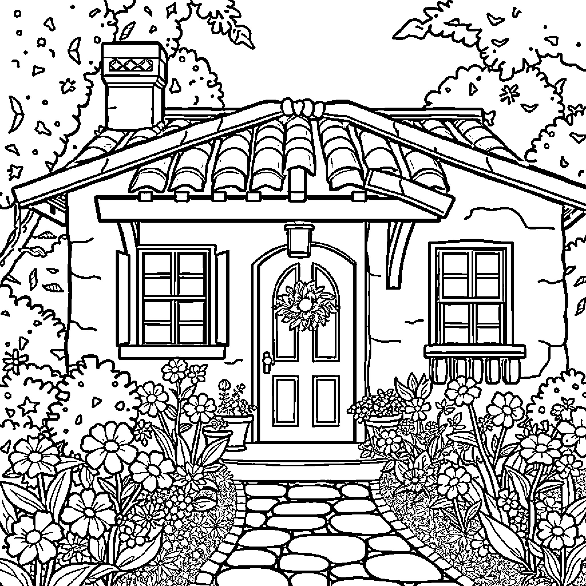 House with Detailed Architectural Features and Floral Landscape Coloring Page (free black-and-white line drawing printable PDF for all, from beginners to advanced learners, including children, teens, adults, and seniors)