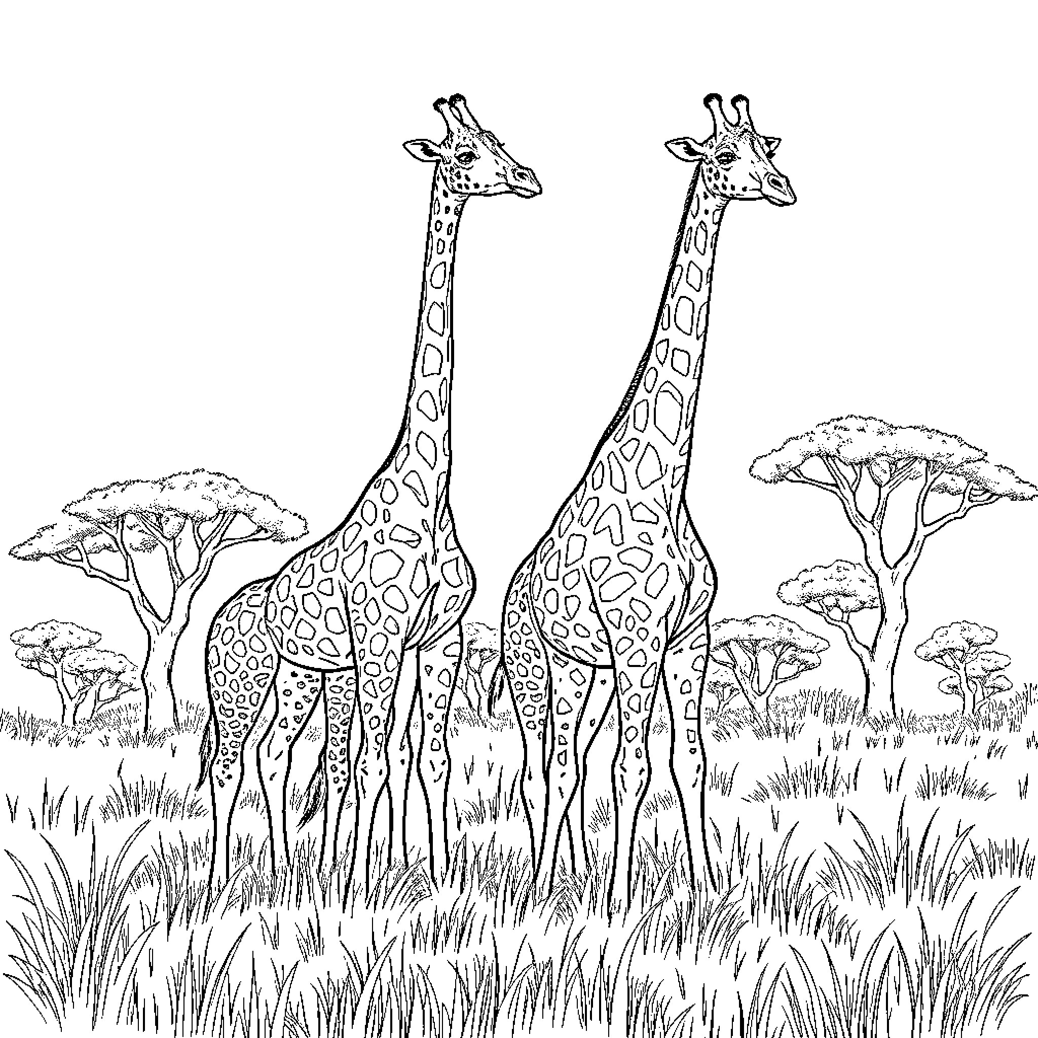 Giraffe duo in African savanna landscape Coloring Page (free black-and-white line drawing printable PDF for all, from beginners to advanced learners, including children, teens, adults, and seniors)