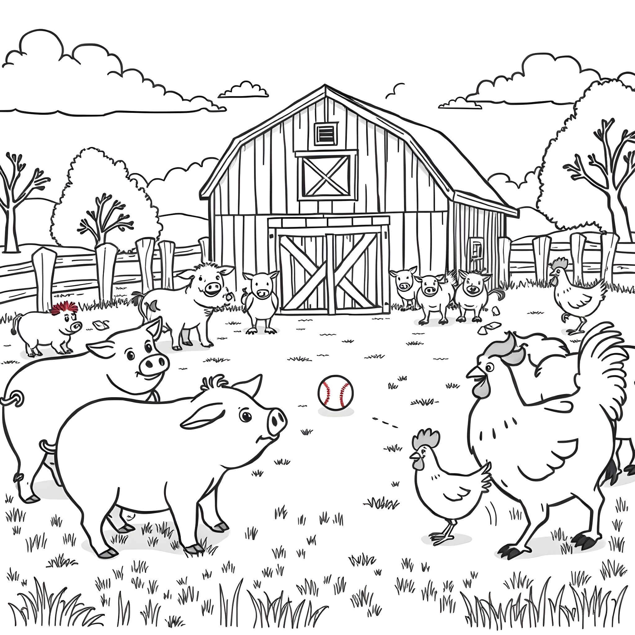 Animal Farm Scene with Barn and Livestock Coloring Page (free black-and-white line drawing printable PDF for all, from beginners to advanced learners, including children, teens, adults, and seniors)
