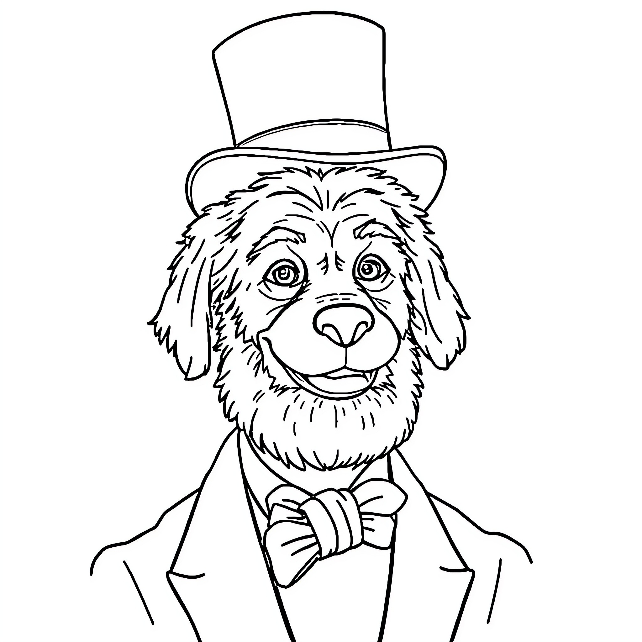 Dog Wearing Top Hat and Bowtie Coloring Page (free black-and-white line drawing printable PDF for all, from beginners to advanced learners, including children, teens, adults, and seniors)