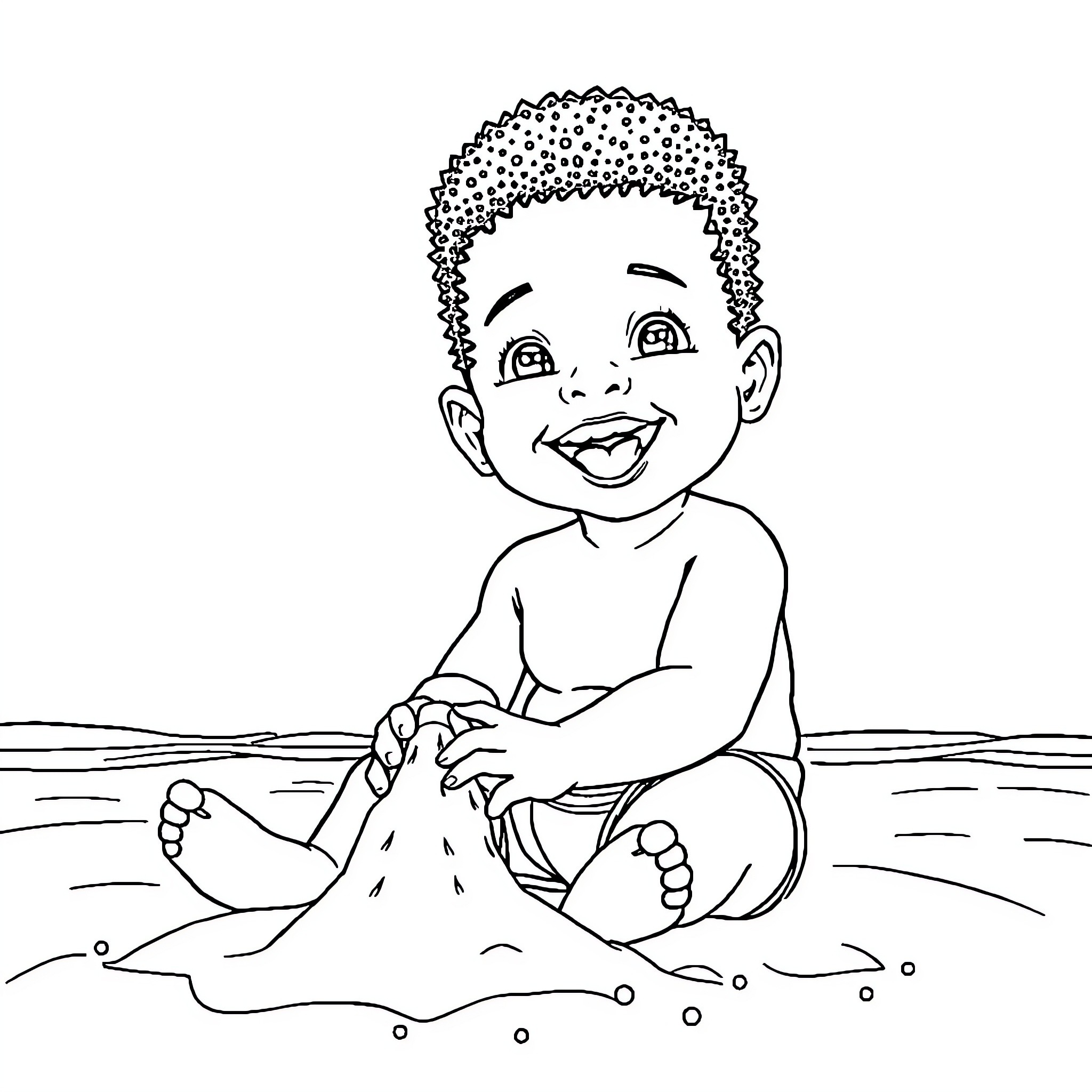 Baby playing happily in the sand Coloring Page (free black-and-white line drawing printable PDF for all, from beginners to advanced learners, including children, teens, adults, and seniors)