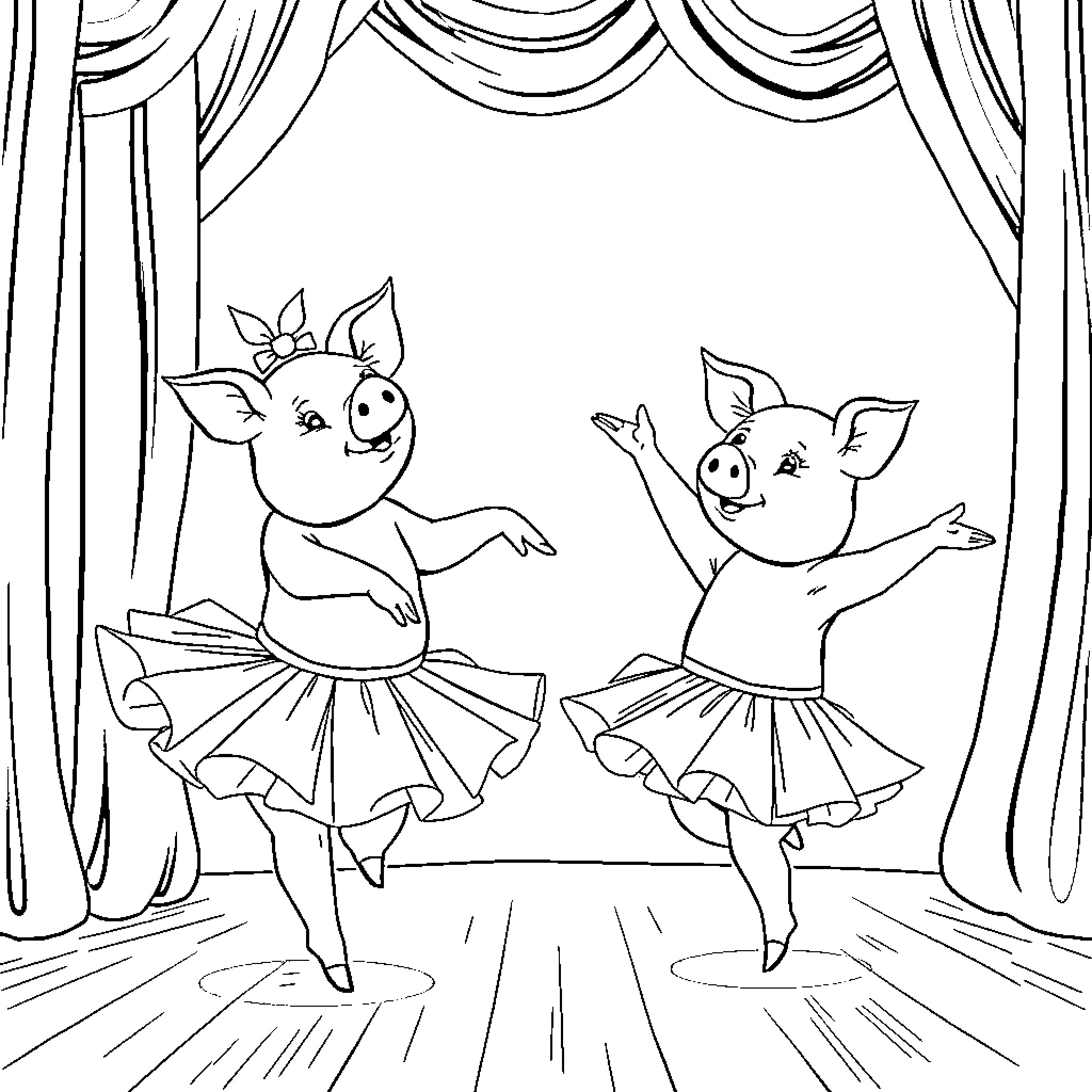 Pigs dancing on stage in ballet costumes Coloring Page (free black-and-white line drawing printable PDF for all, from beginners to advanced learners, including children, teens, adults, and seniors)