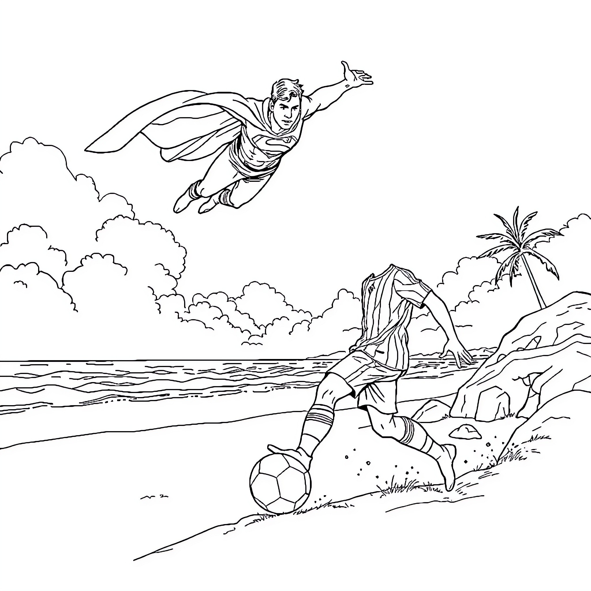 Superman saving the day on a beach Coloring Page (free black-and-white line drawing printable PDF for all, from beginners to advanced learners, including children, teens, adults, and seniors)