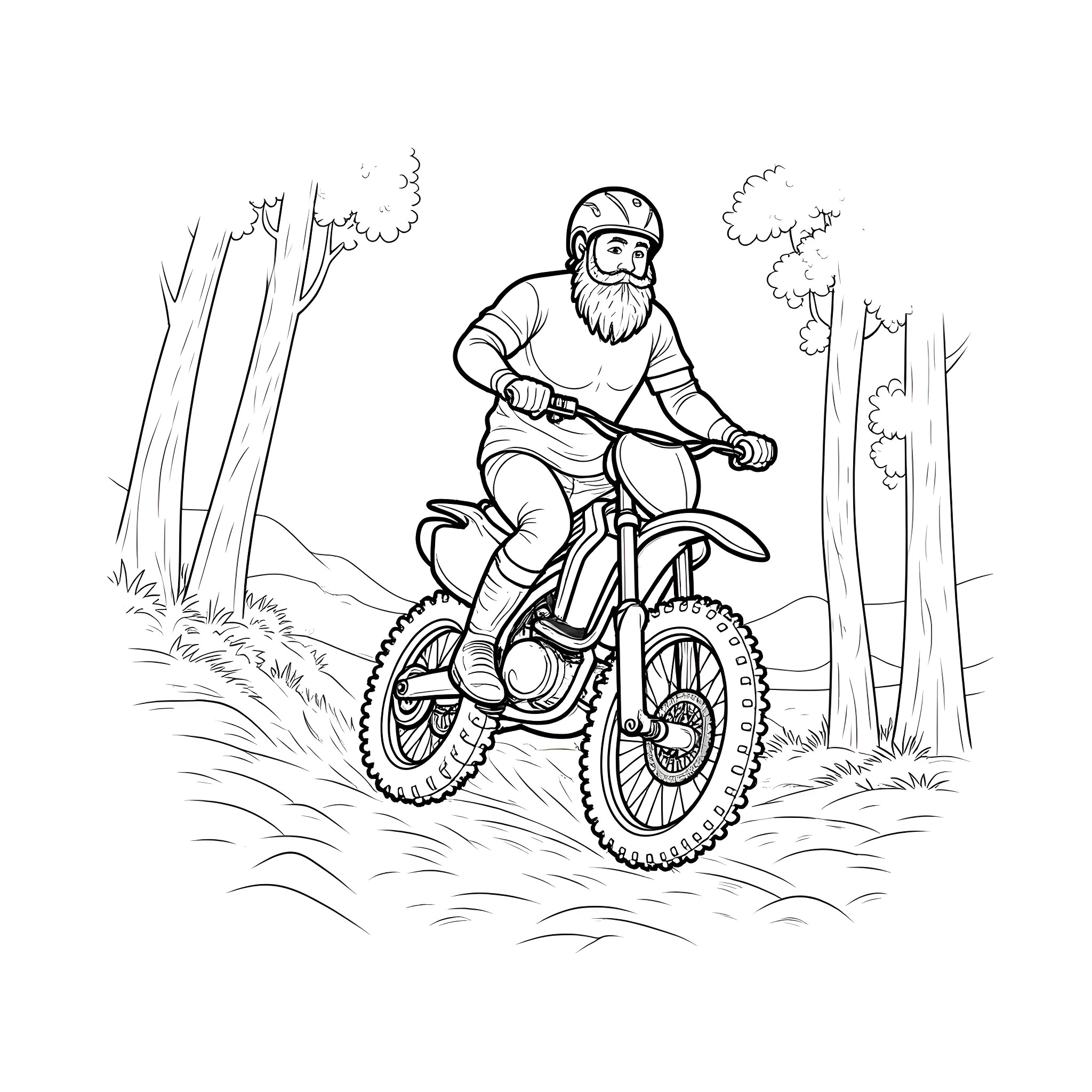 Man riding dirt bike through off-road trail Coloring Page (free black-and-white line drawing printable PDF for all, from beginners to advanced learners, including children, teens, adults, and seniors)