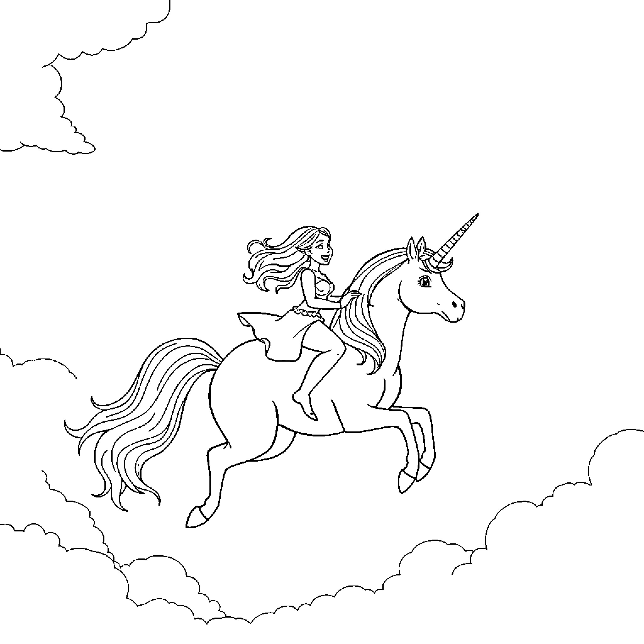Unicorn Maiden Riding Through Clouds Coloring Page (free black-and-white line drawing printable PDF for all, from beginners to advanced learners, including children, teens, adults, and seniors)