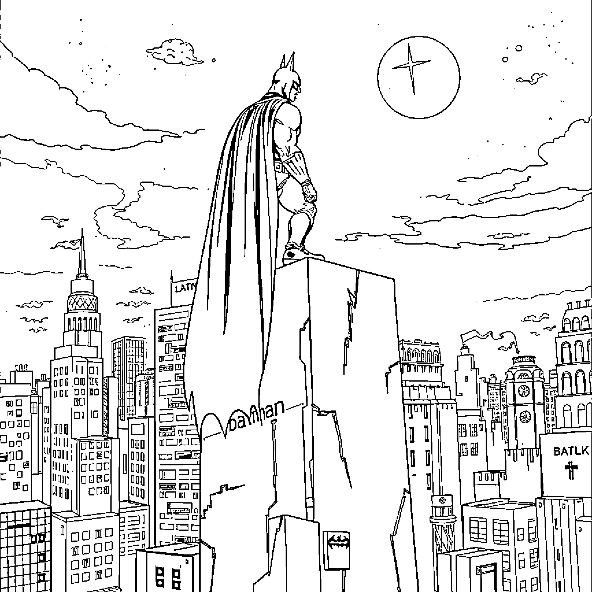 Batman overlooking the city skyline Coloring Page (free black-and-white line drawing printable PDF for all, from beginners to advanced learners, including children, teens, adults, and seniors)