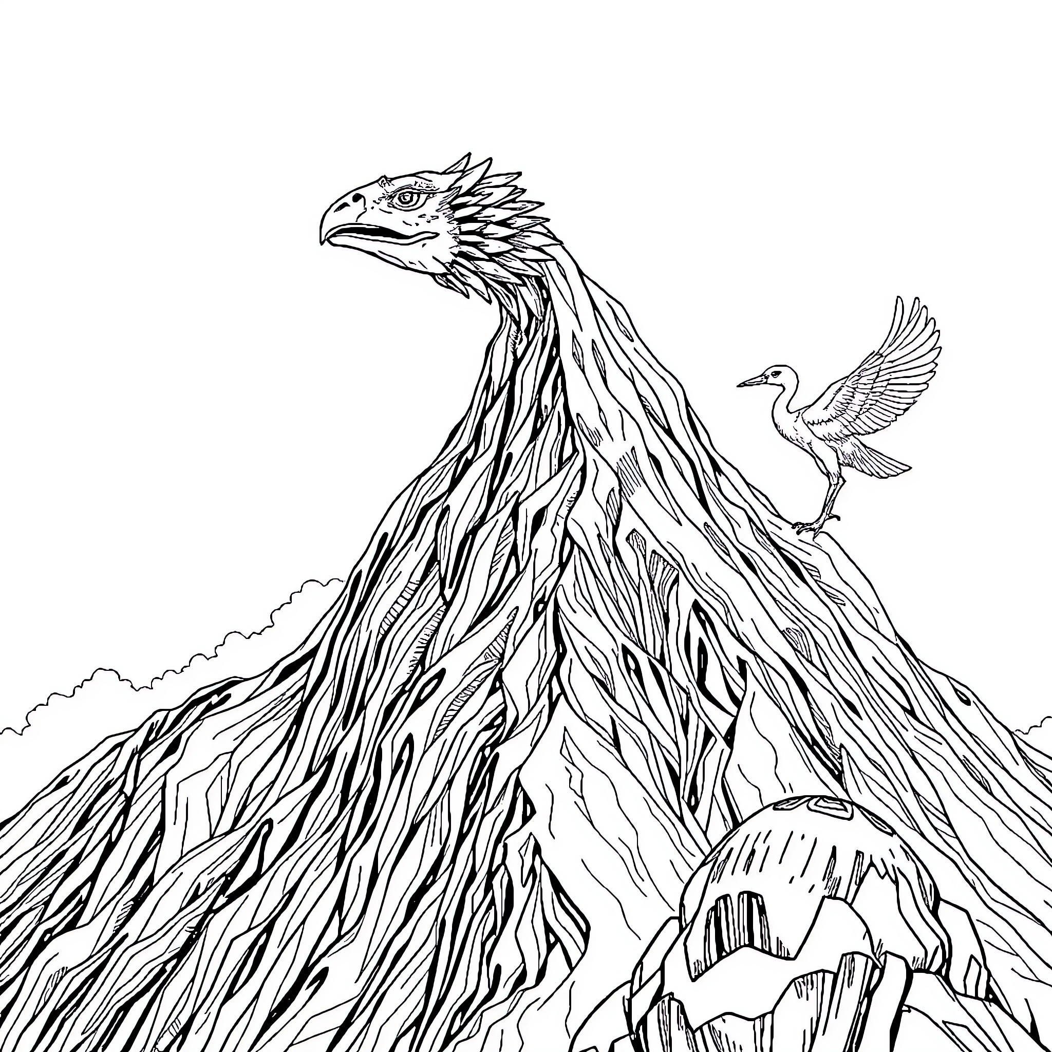 Naga creature emerging from majestic mountain landscape Coloring Page (free black-and-white line drawing printable PDF for all, from beginners to advanced learners, including children, teens, adults, and seniors)