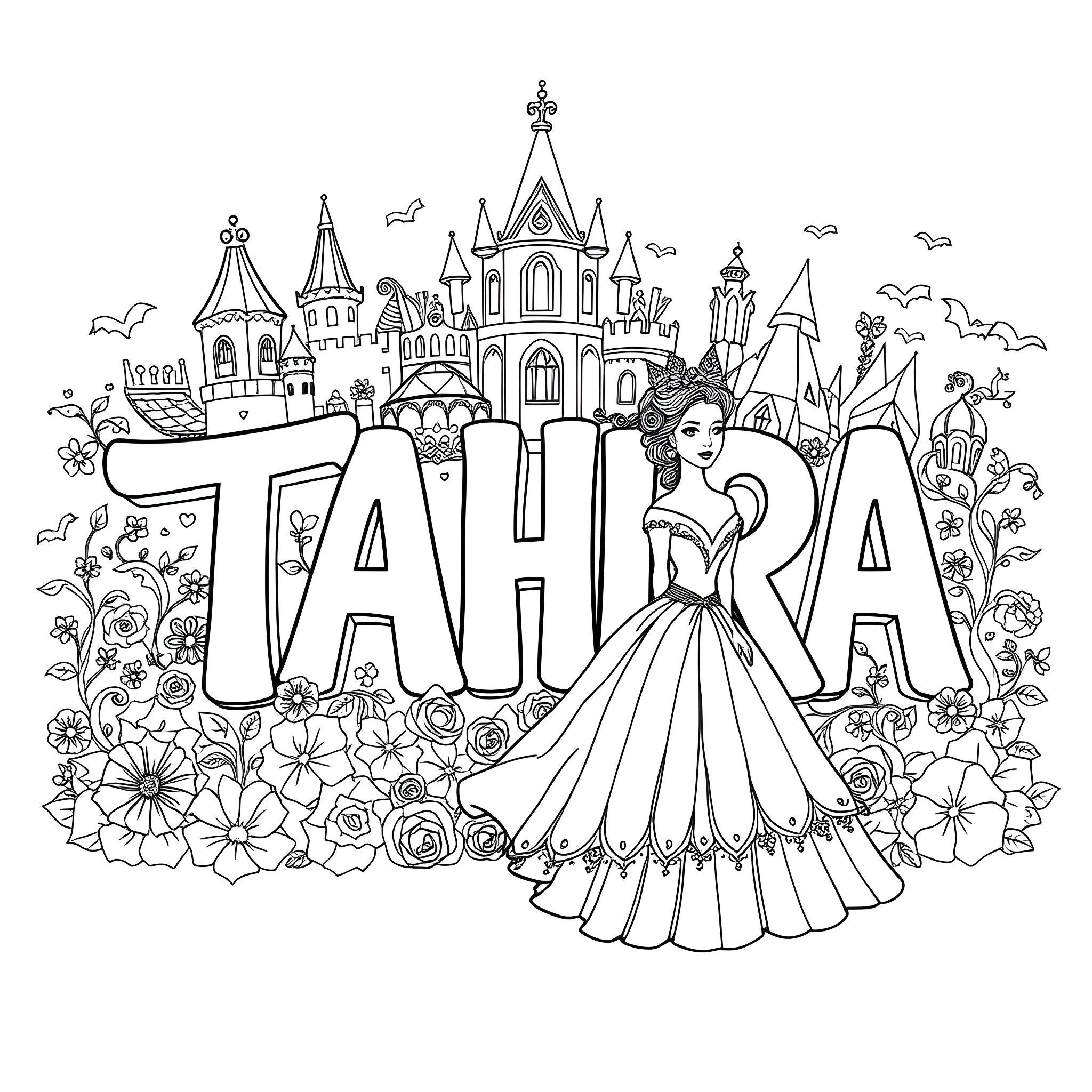 Tahira's Fairytale Adventure Coloring Page (free black-and-white line drawing printable PDF for all, from beginners to advanced learners, including children, teens, adults, and seniors)