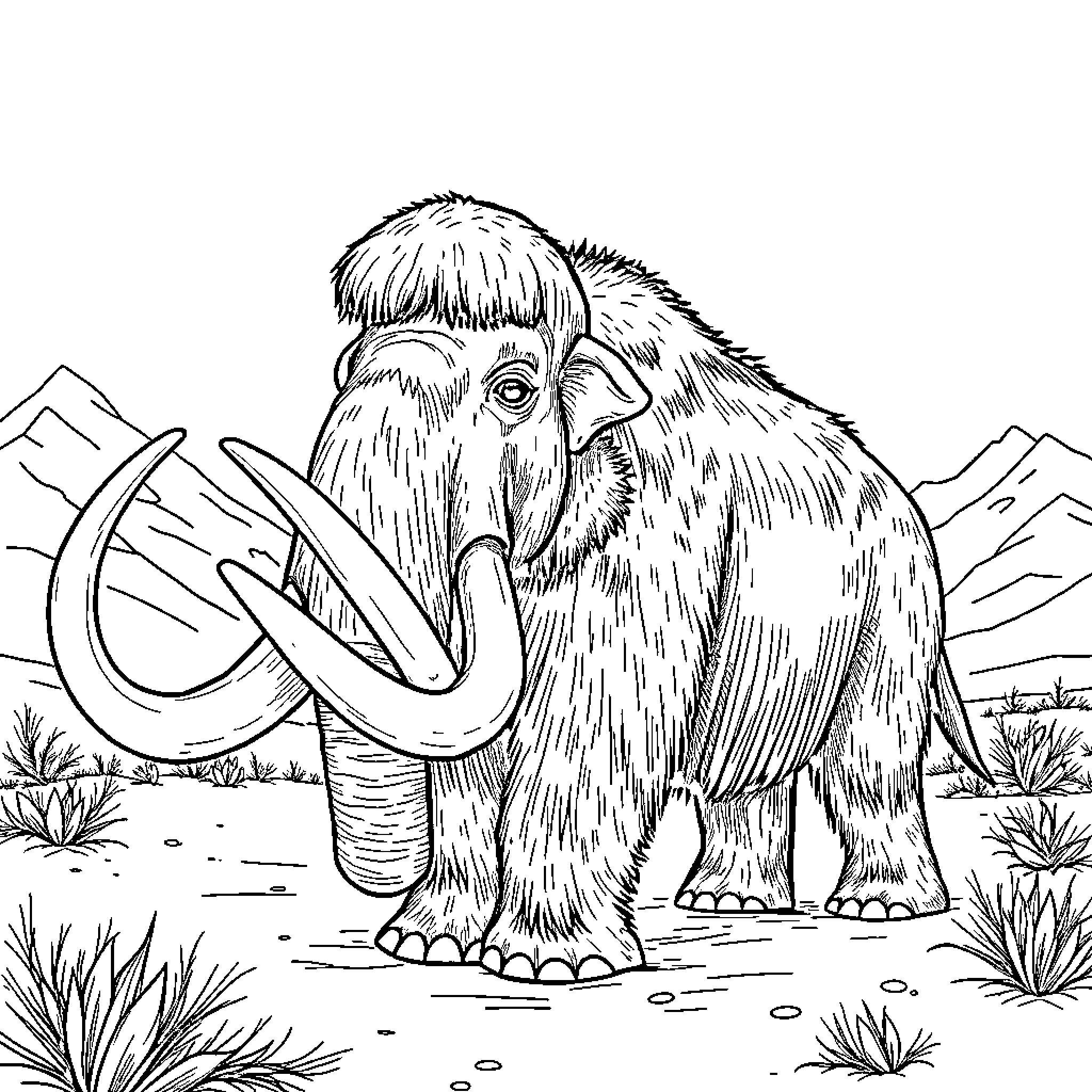 Mammoth exploring the rugged landscape Coloring Page (free black-and-white line drawing printable PDF for all, from beginners to advanced learners, including children, teens, adults, and seniors)
