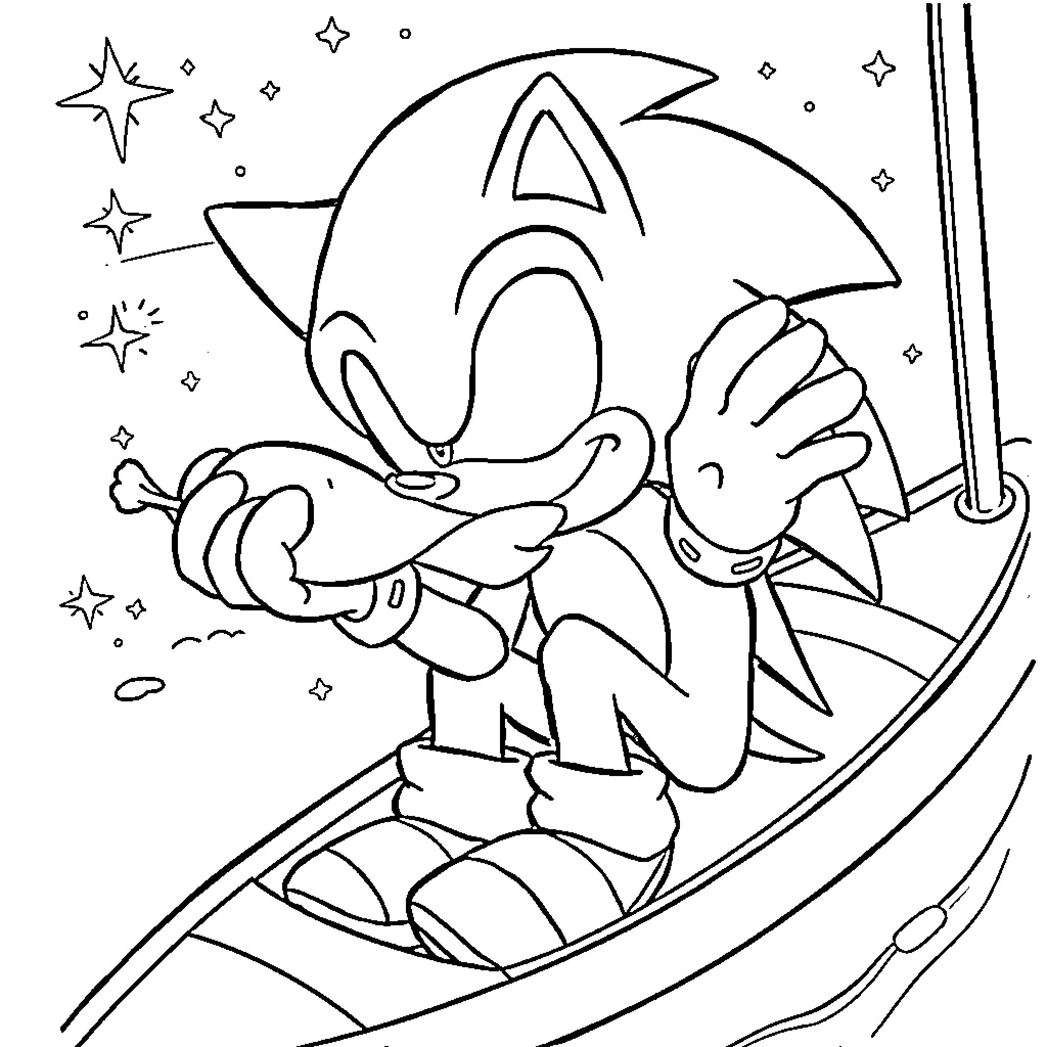 Sonic Speeding Through Cosmic Landscape Coloring Page (free black-and-white line drawing printable PDF for all, from beginners to advanced learners, including children, teens, adults, and seniors)