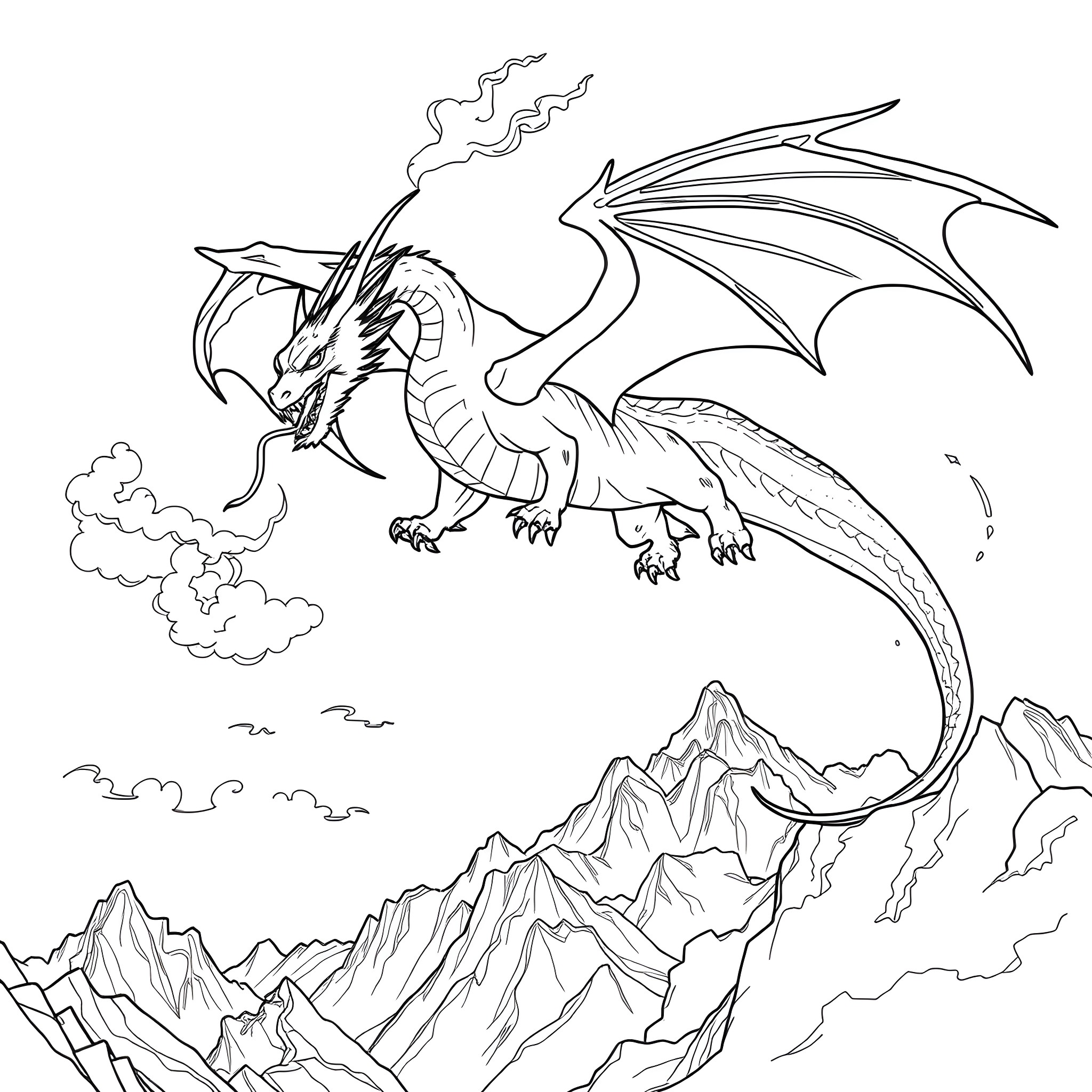 Dragon Soaring Over Rugged Mountain Landscape Coloring Page (free black-and-white line drawing printable PDF for all, from beginners to advanced learners, including children, teens, adults, and seniors)