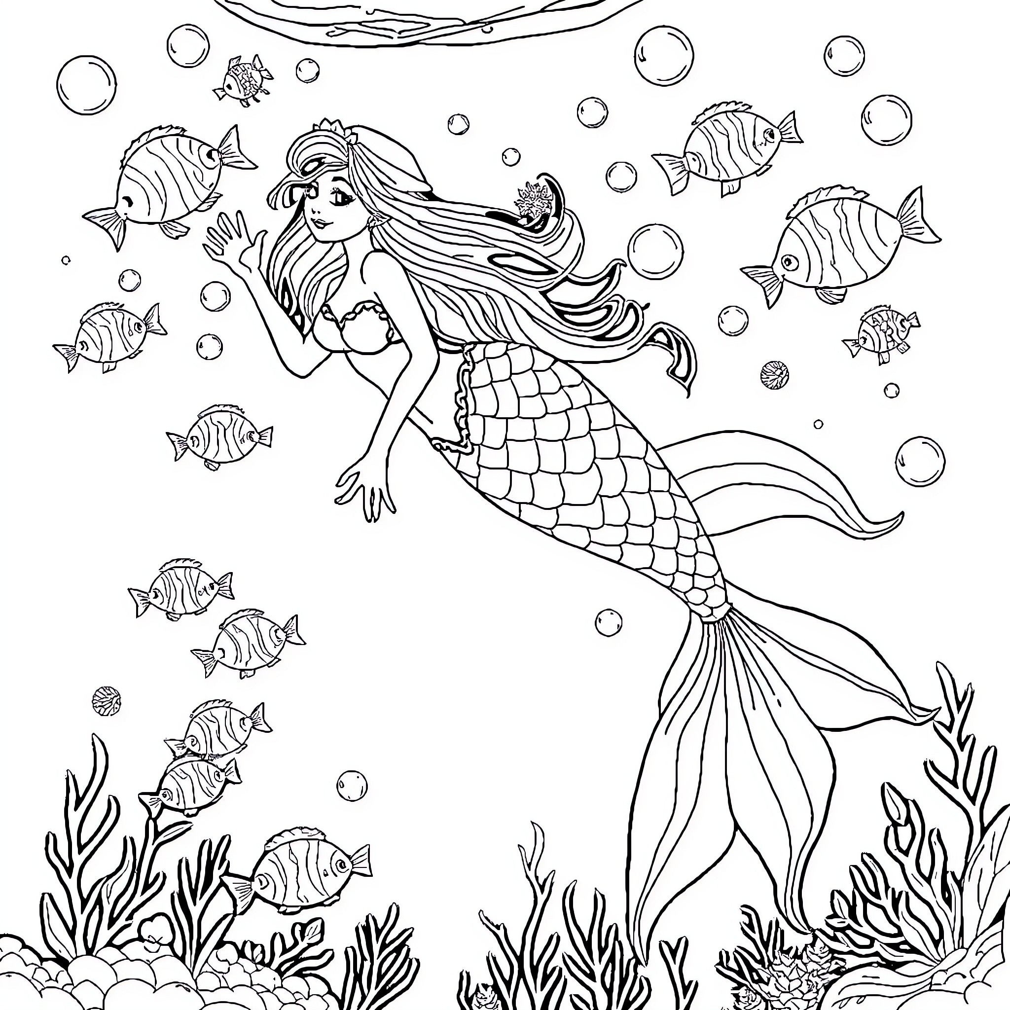 Mermaid exploring the underwater ocean scene Coloring Page (free black-and-white line drawing printable PDF for all, from beginners to advanced learners, including children, teens, adults, and seniors)