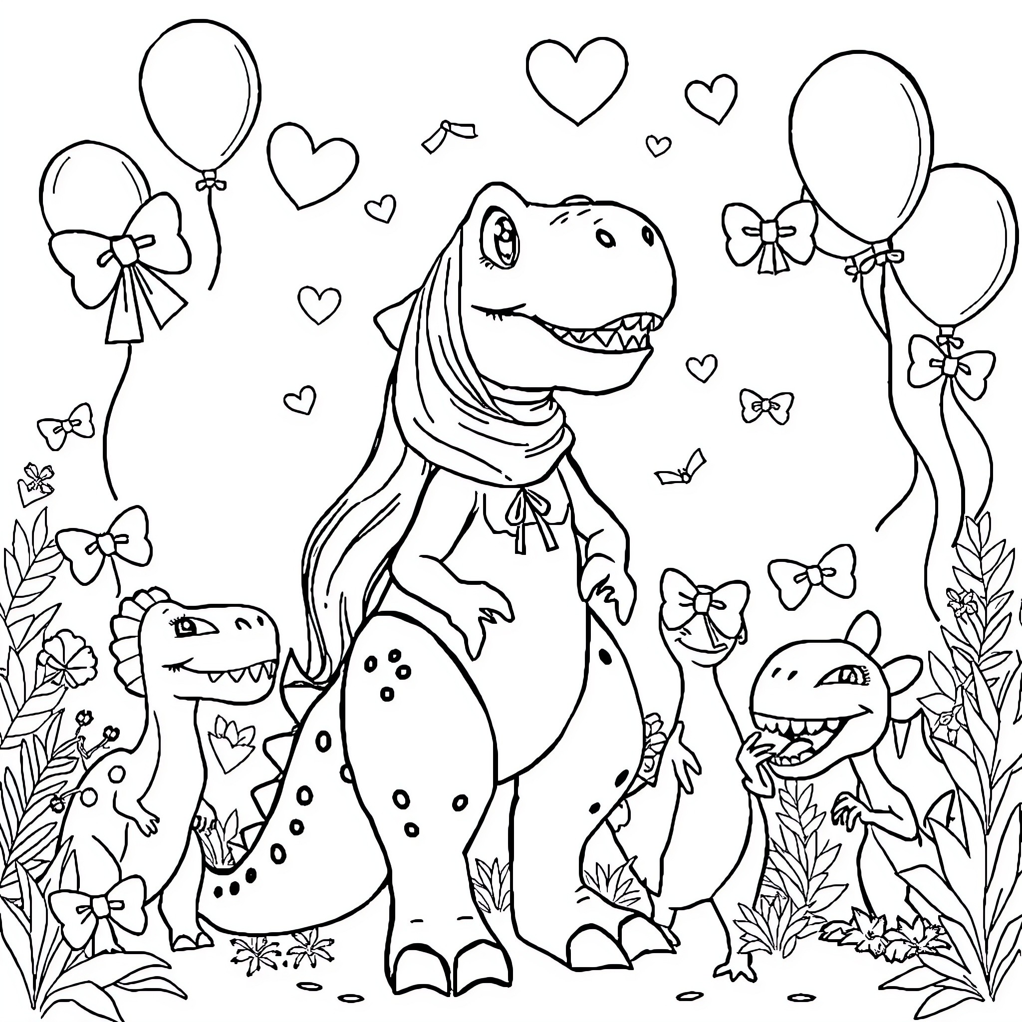 Rai'Ana's Dinosaur Party with Bows and Balloons Coloring Page (free black-and-white line drawing printable PDF for all, from beginners to advanced learners, including children, teens, adults, and seniors)