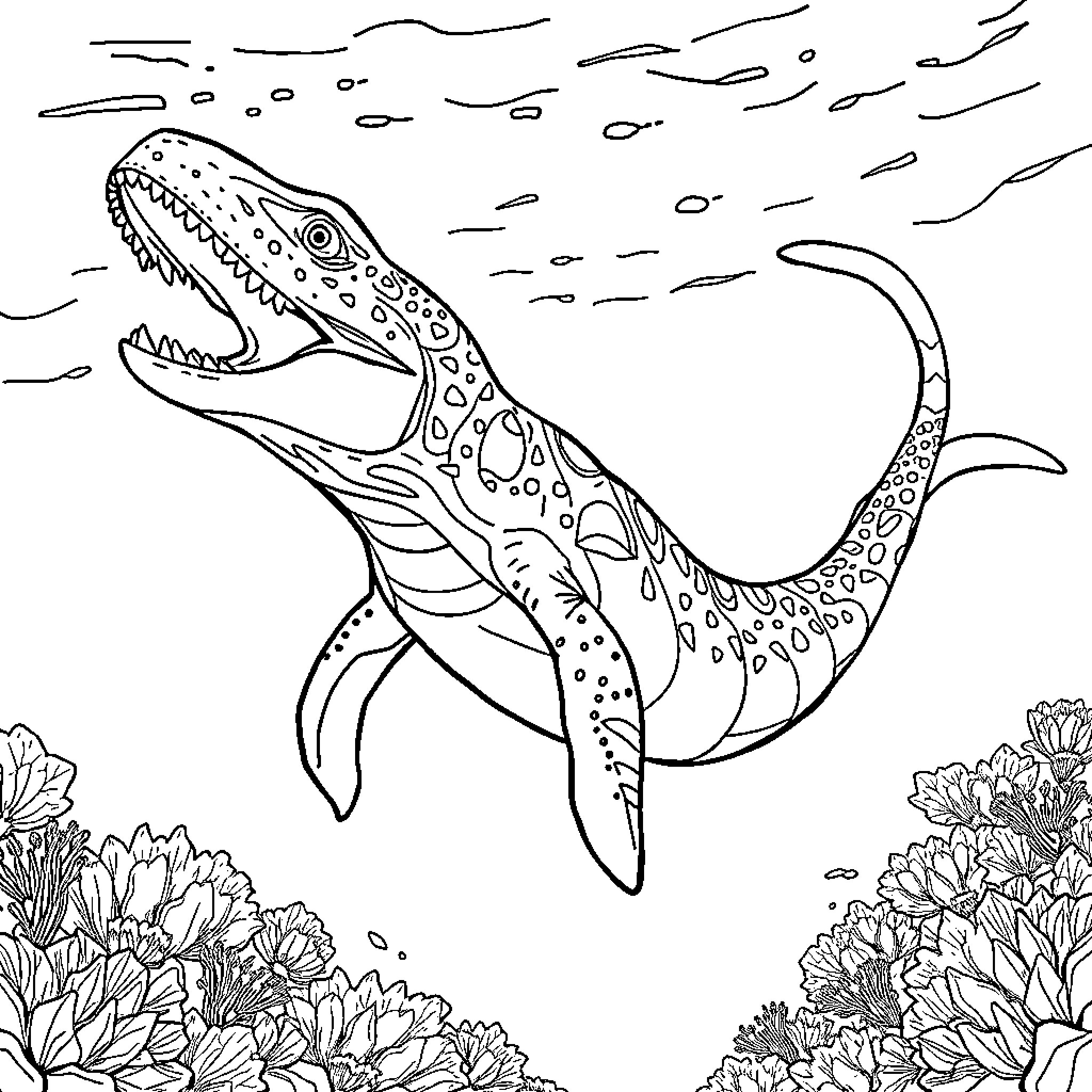 Mosasaurus hunting in the underwater coral reef Coloring Page (free black-and-white line drawing printable PDF for all, from beginners to advanced learners, including children, teens, adults, and seniors)