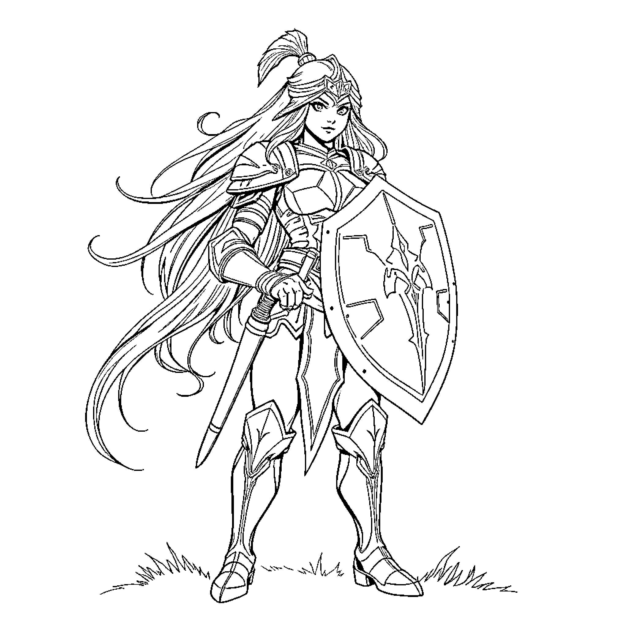 Macha the Armored Fantasy Warrior Coloring Page (free black-and-white line drawing printable PDF for all, from beginners to advanced learners, including children, teens, adults, and seniors)